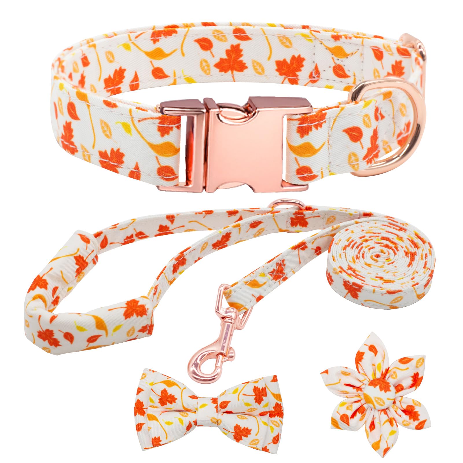 HSIGIO Dog Collar and Leash Set Girls Adjustable Puppy Collars with Floral Bow Tie for Small Medium Large Female Dogs, Orange Ma