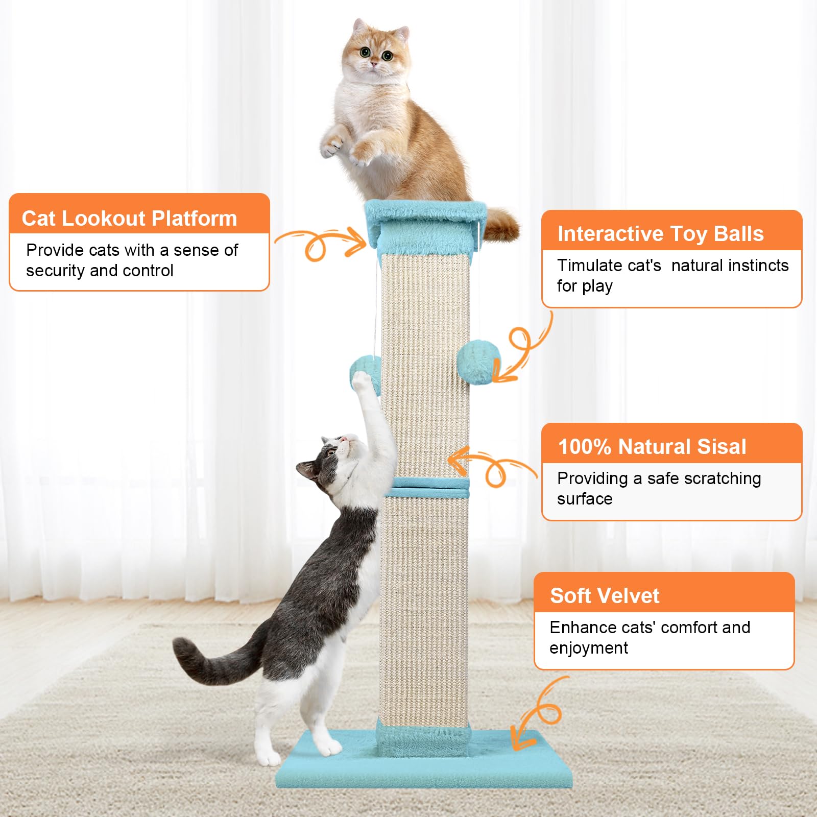 Cat Scratching Post 33 Inch Nature Sisal Cat Scratch Post for Indoor Cats, Large Cat Scratcher Protect Your Furniture, Cyan