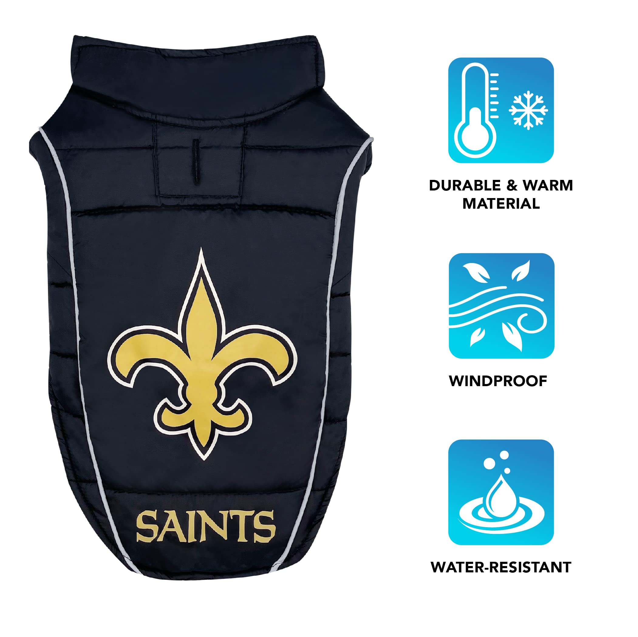 Nfl New Orleans Saints Puffer Vest For Dogs & Cats, Size Large. Warm, Cozy, And Waterproof Dog Coat, For Small And Large Dogs/Ca
