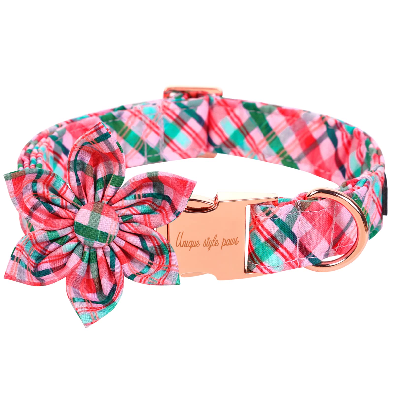 Unique Style Paws Dog Collar With Flower Pink & Green Plaid Dog Collar Best Gifts For Small Medium Large Dogs -Xs