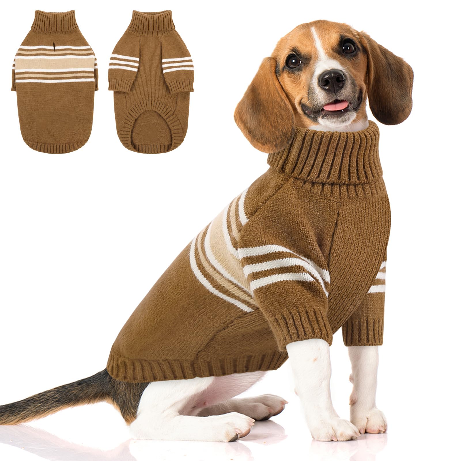 Queenmore Dog Striped Knitted Sweater, Turtleneck Pullover Pet Coat, Dog Winter Clothes With Leash Hole For Small Medium &Large 