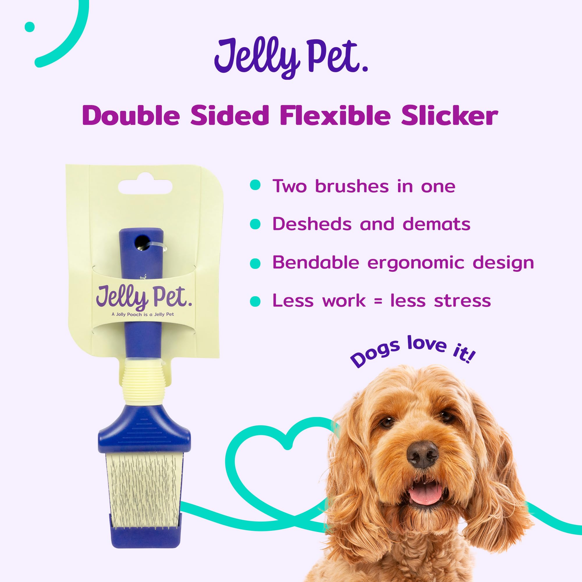 Jelly Pet Double Sided Dog Slicker Brush, Longer Pins, Flexible Head, Fine/Coarse Sides, Removes Unwanted Tangles, Small, Purple