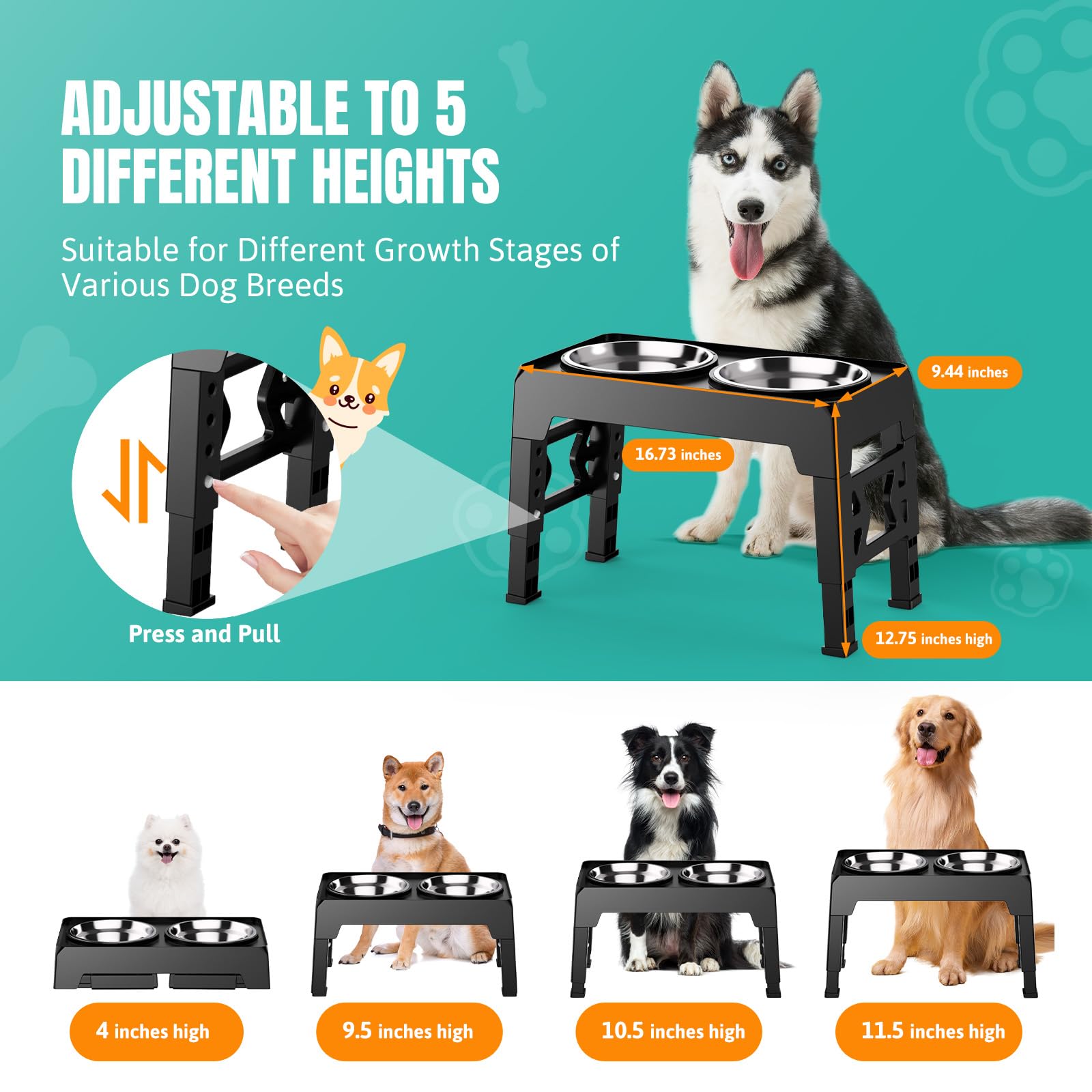 Elevated Dog Bowls Stand Adjustable 5 Heights, 45Cm Foldable Dog Feeding Station With 2 Stainless Steel Bowls, Pet Bowl Elevated