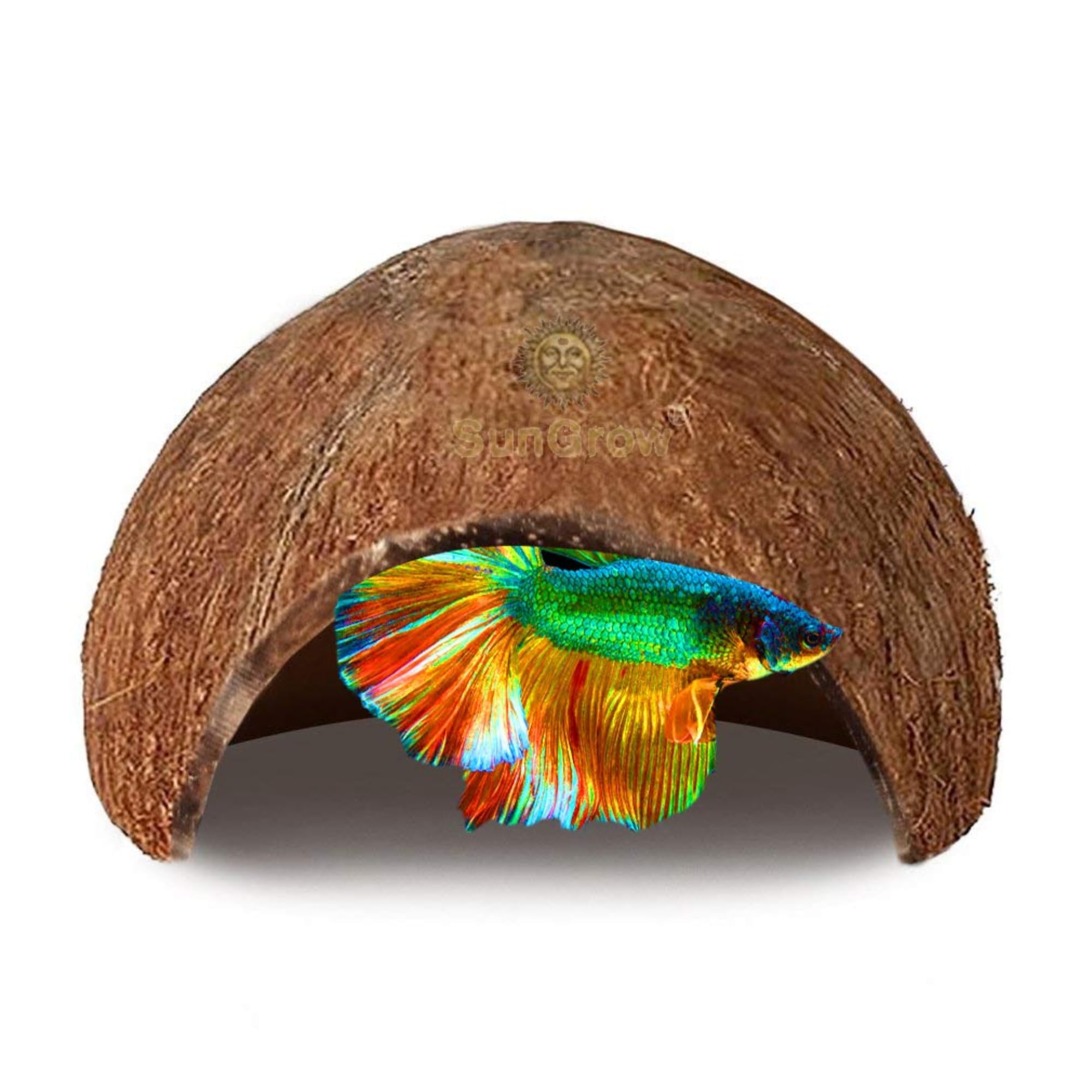 SunGrow Betta Fish Cave, Habitat Made from Coconut Shell, Soft-Textured Smooth Edged Spacious Hideout, for Resting and Breeding,