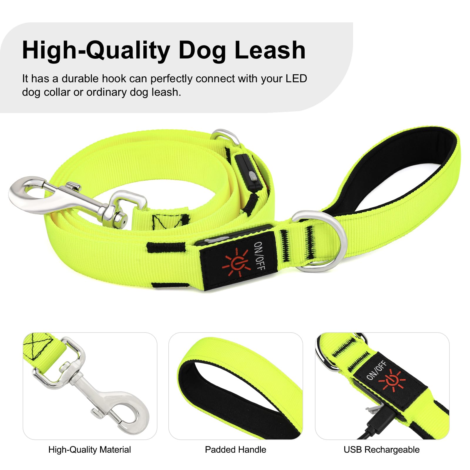Colaseeme LED Dog Leash Light Up Dog Leash 6 Feet Micro USB Rechargeable Nylon Webbing Glow Safety Standard Dog Leashes for Dogs