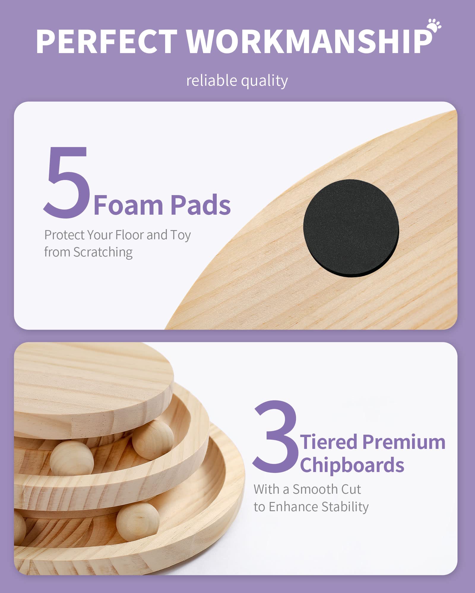 Made4Pets Cat Scratching Post Cat Scratcher Kitten Toys For Indoor Cats Wooden Ball Track Two-Layer Modern Sisal 17.7' Tall Scratch Post Interactive Toy With Dangling Ball