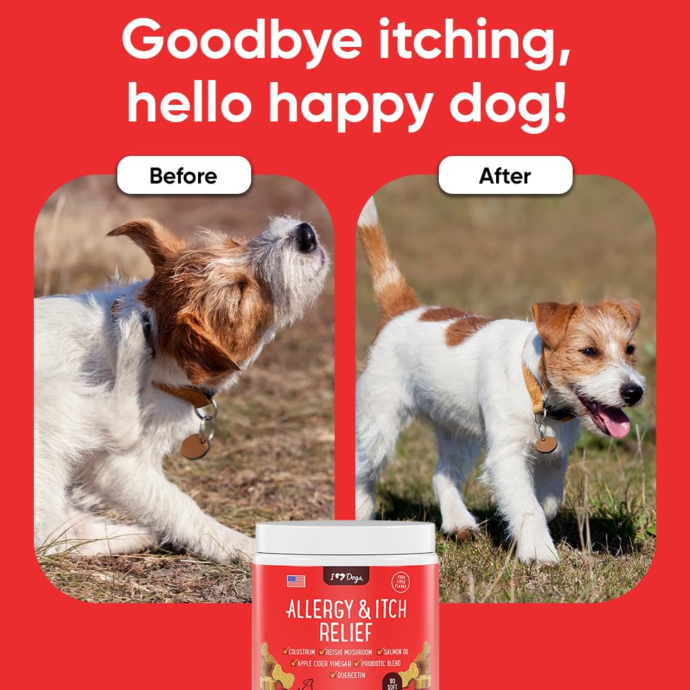 iHeartDogs Allergy & Itch Relief for Dogs with Salmon Oil, Quercetin, Colostrum, Antioxidants and Probiotics - 90 Count