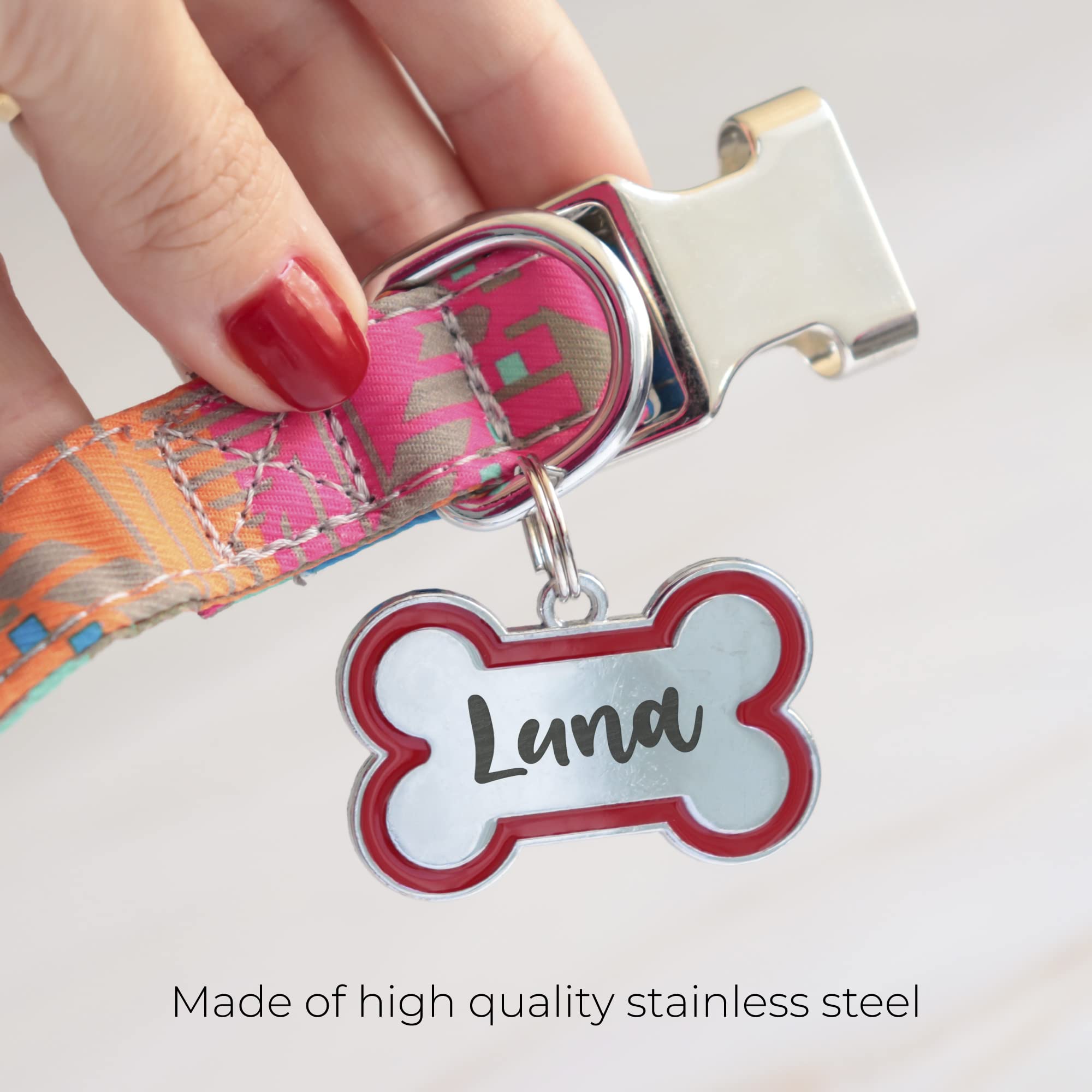 Fancy Dog Id Tags Bone Shaped Stainless Steel Custom Laser Engraved Both Sides With Up To 4 Lines Of Text, Pet Name Tags Persona