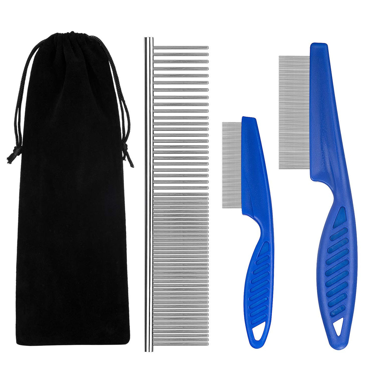 Benseao Flea Comb For Cats Dog Comb Lice Comb Metal Teeth Durable Tear Stain Dog Combs Remove Float Hair Combing Tangled Hair Dandruff Pet Comb Grooming Set 3 Pieces Add Storage Pouch (Blue)