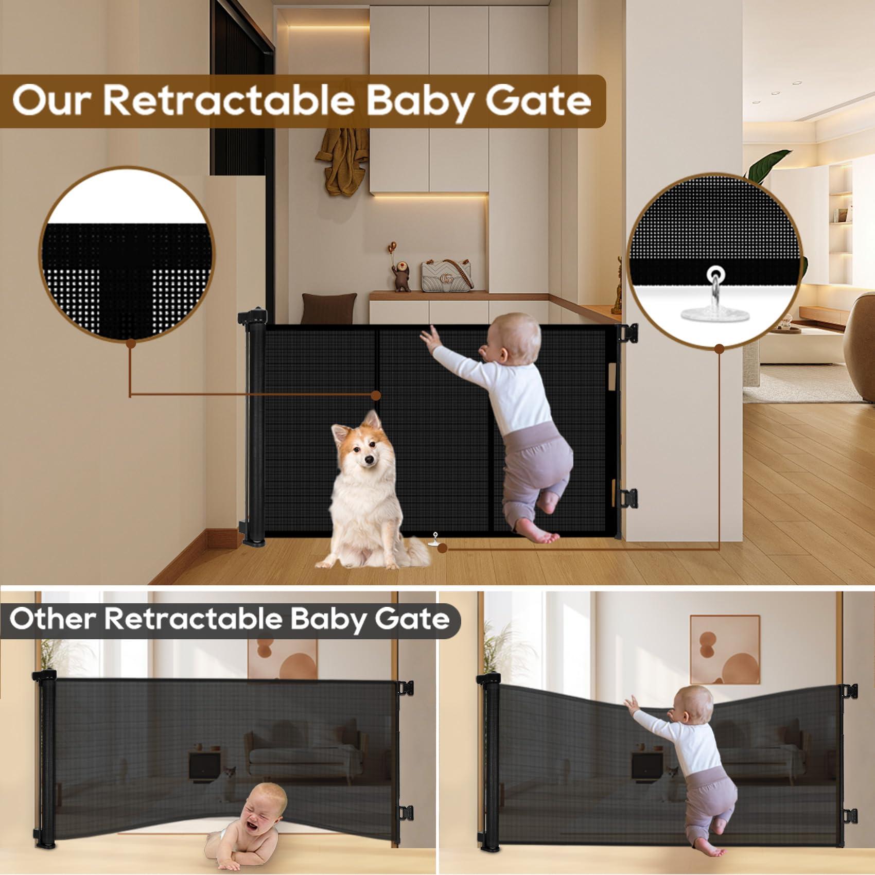 Miumoon Upgrade 71'' Retractable Baby Gates with Reinforced Strip Design to Prevent Crawling Through, 34'' Tall Retractable Gate