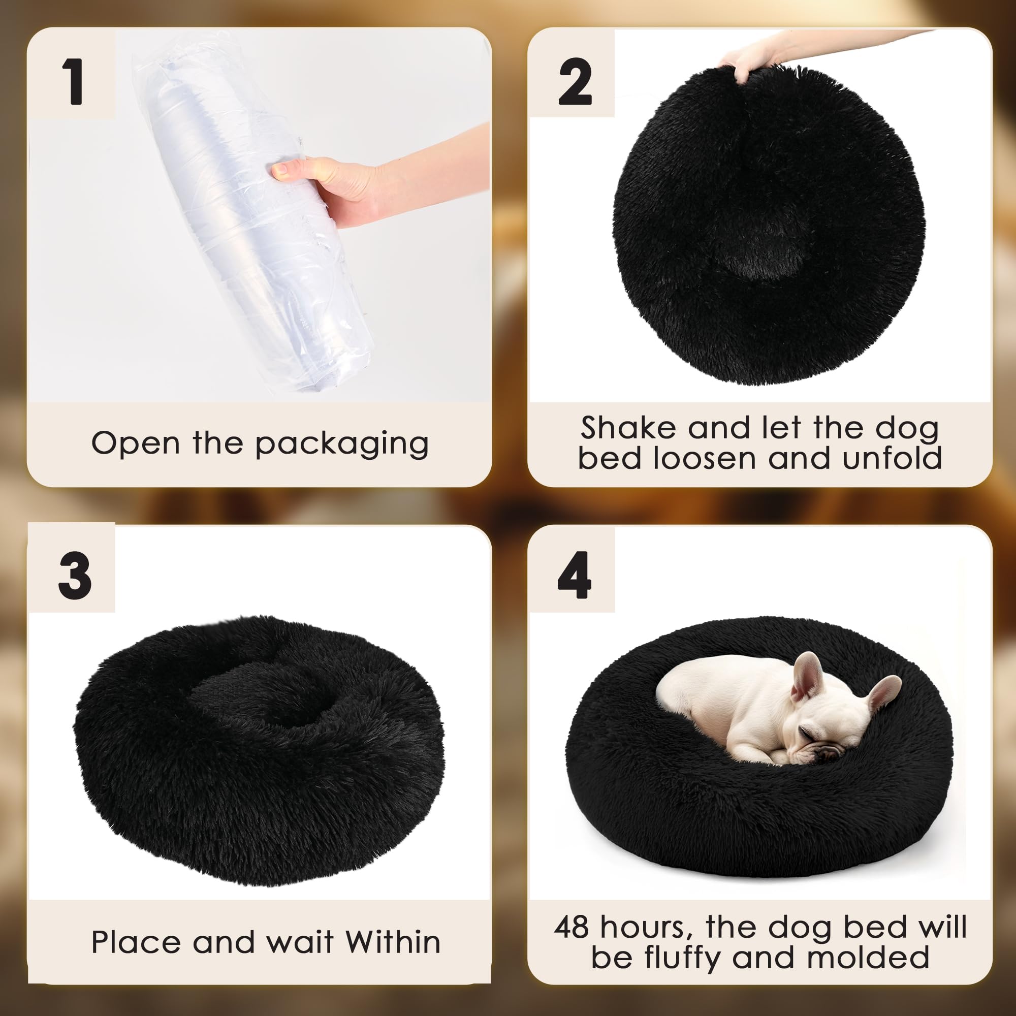 Dogs Bed for Small Dogs, Anti-Anxiety Washable Round Bed (Black, 24.0 L x 24.0 W x 8.0 Th)