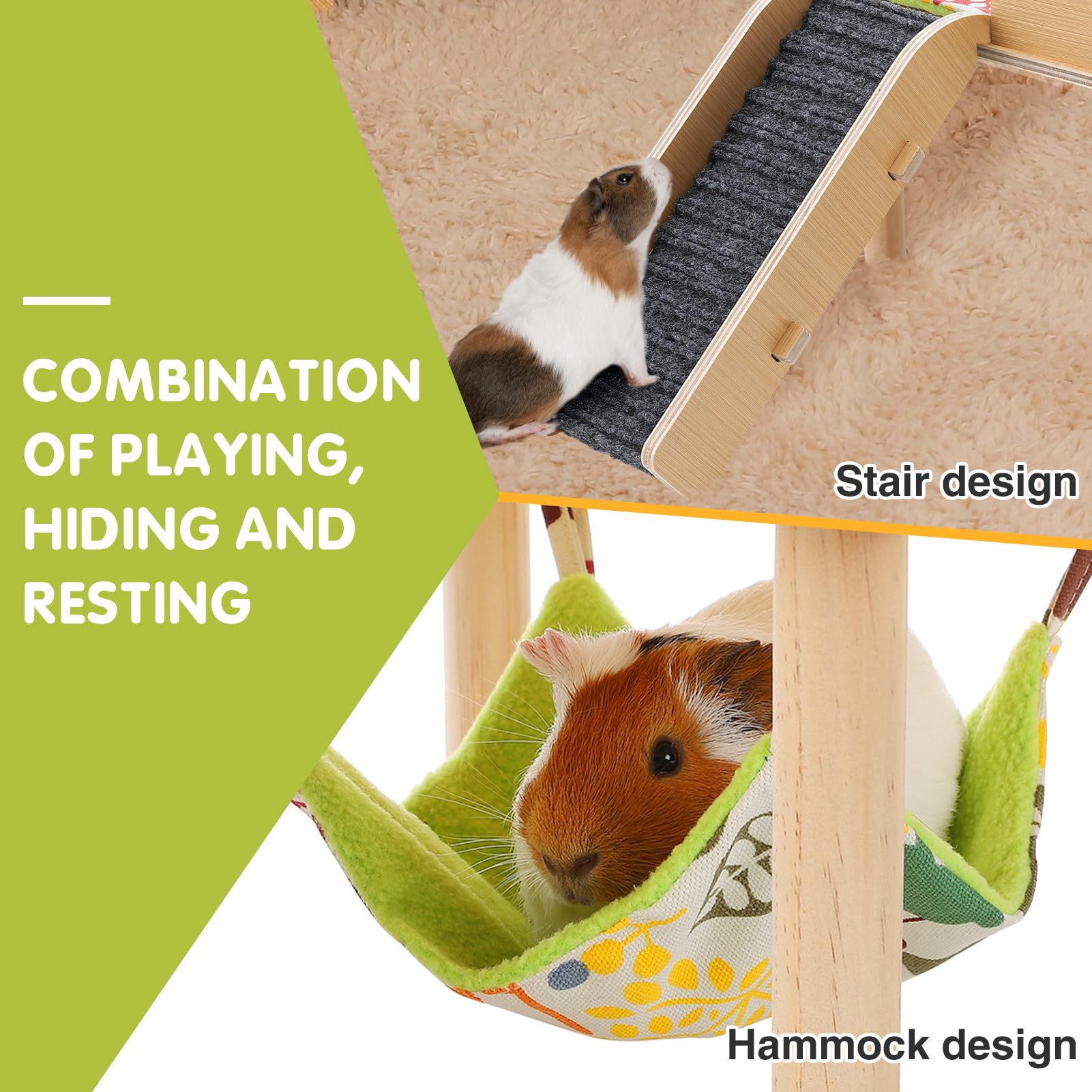 Guinea Pigs Hammock With Platform, Safe Wooden Guinea Pig Hideout With Stairs, Durable Small Pet Bed For Piggies Chinchilla Rat