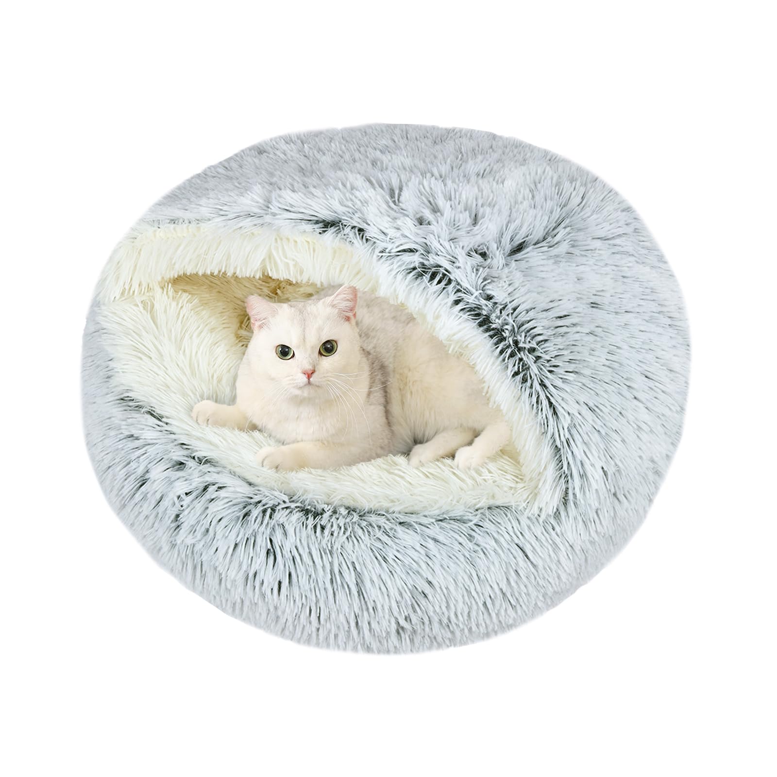 Arquiel Round Plush Hooded Cat Bed, Fluffy Cozy Anti-Anxiety Dog Cave Beds For Puppy And Kitten, Gifts For Pet Lovers(24  24 Inc