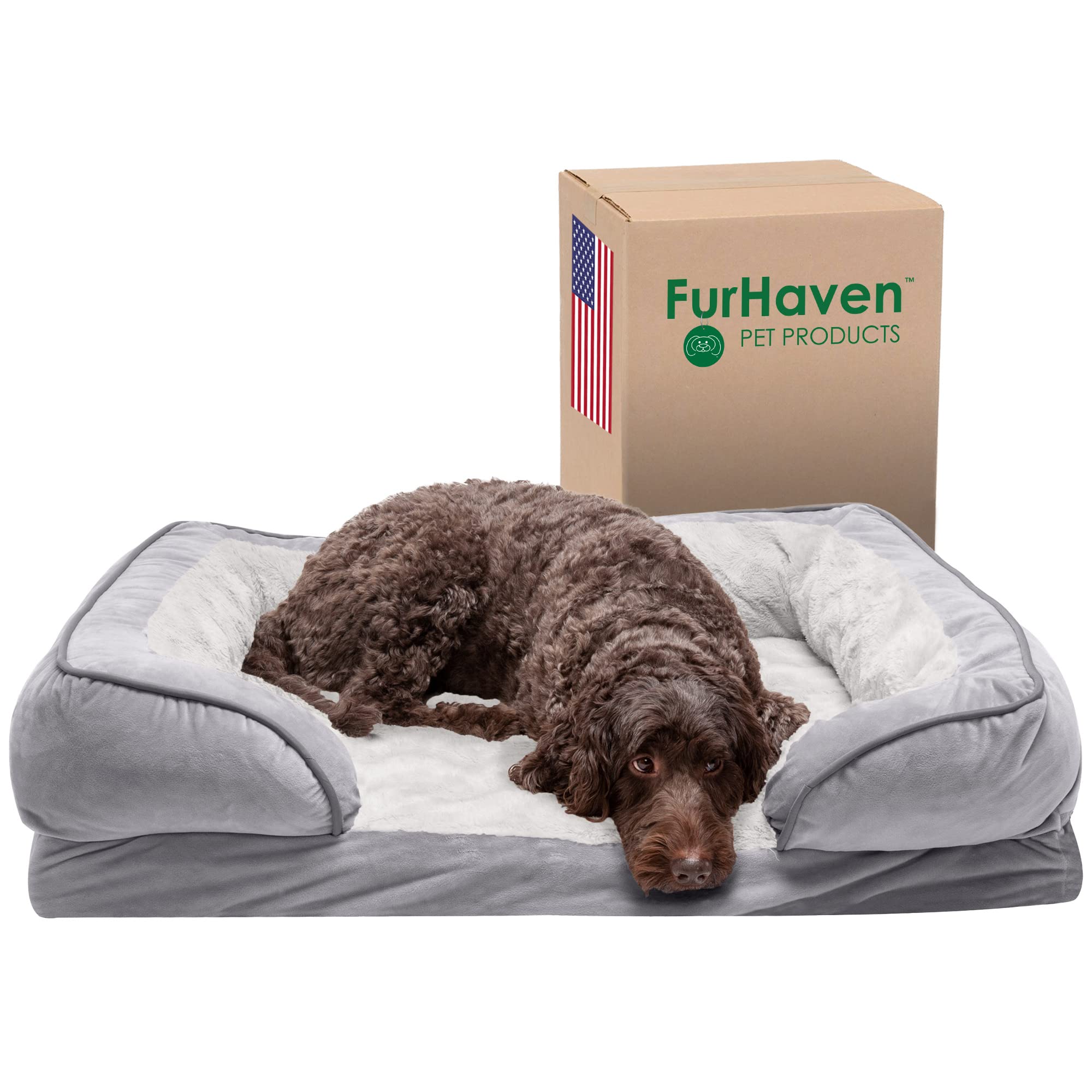 Furhaven Cooling Gel Dog Bed for Large/Medium Dogs w/ Removable Bolsters & Washable Cover, For Dogs Up to 55 lbs - Plush & Velve