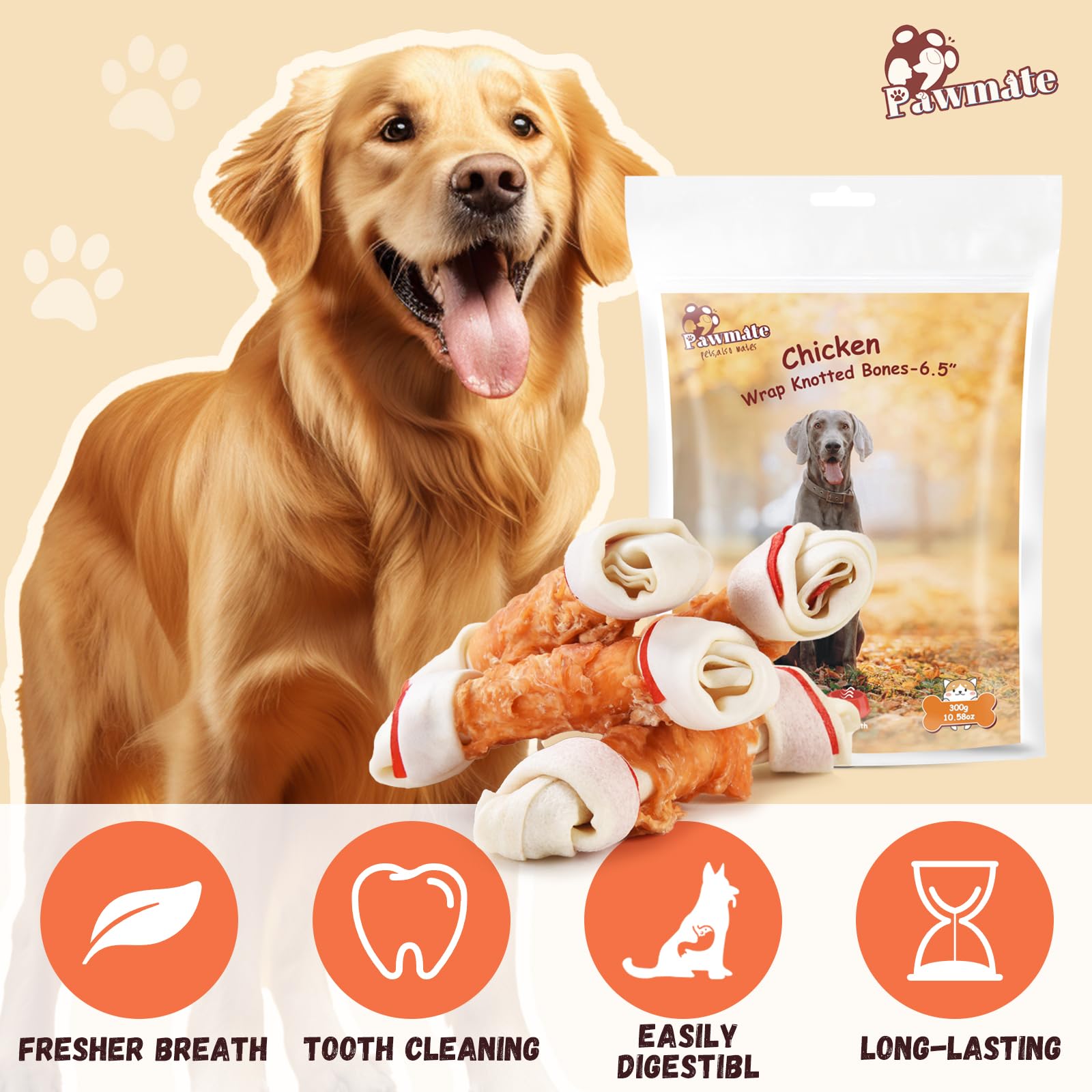 Pawmate Chicken Wrapped Rawhide Bones for Large Breed, Large Size Long Lasting Chew with Taurine, Dog Treats Teeth Cleaning Snac