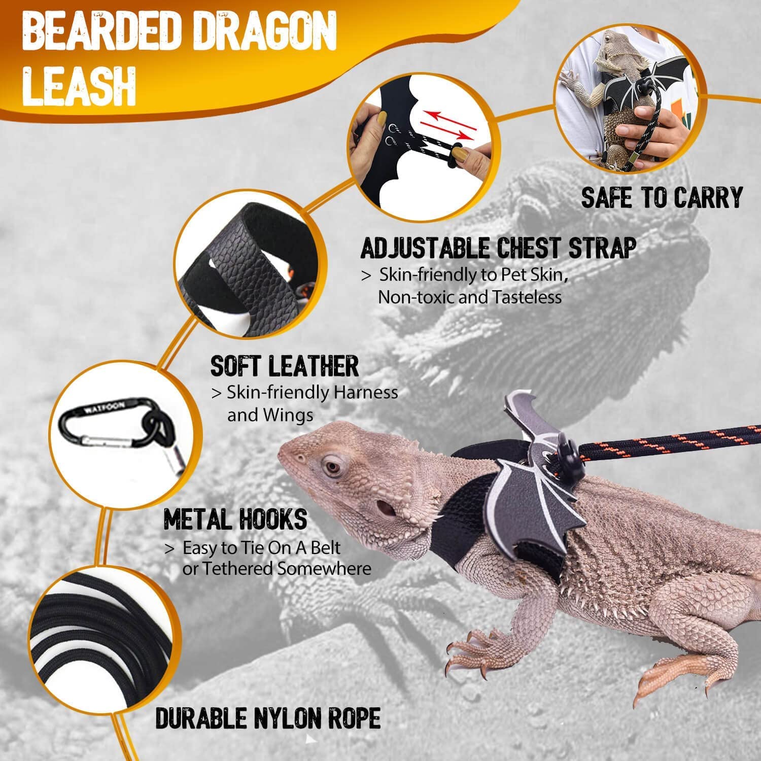 Watfoon Adjustable Lizard Leather Leash Harness And Bearded Dragon Carrier Sling, Reptile Small Pet Training Leashes And Beardie Snuggle Sling Bag For Outdoor Travel (L Black Sling)
