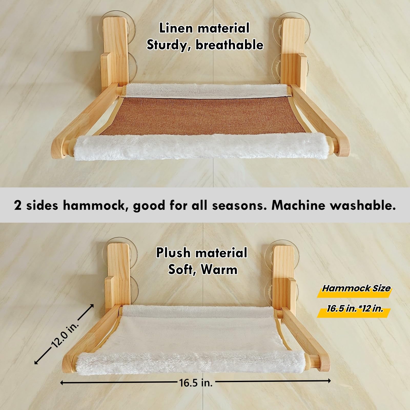 Gesomepurrz Foldable Cat Window Perch, Natural Wood, 16.5 Inches*12 Inches Hammock, 35 Lbs Weight Limit, Cat Window Hammock For