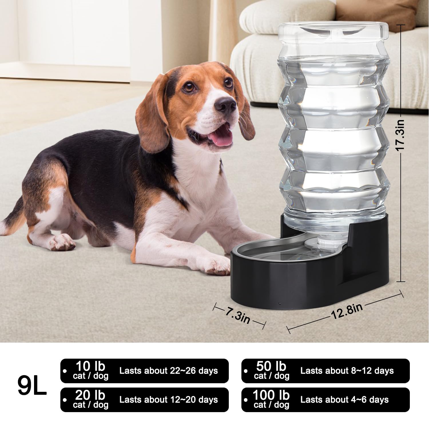 RIZZARI Large Dog Water Dispenser: Stainless Steel Pet Water Bowl - 9L Black Stainless Steel Automatic Pet Gravity Feeder with F