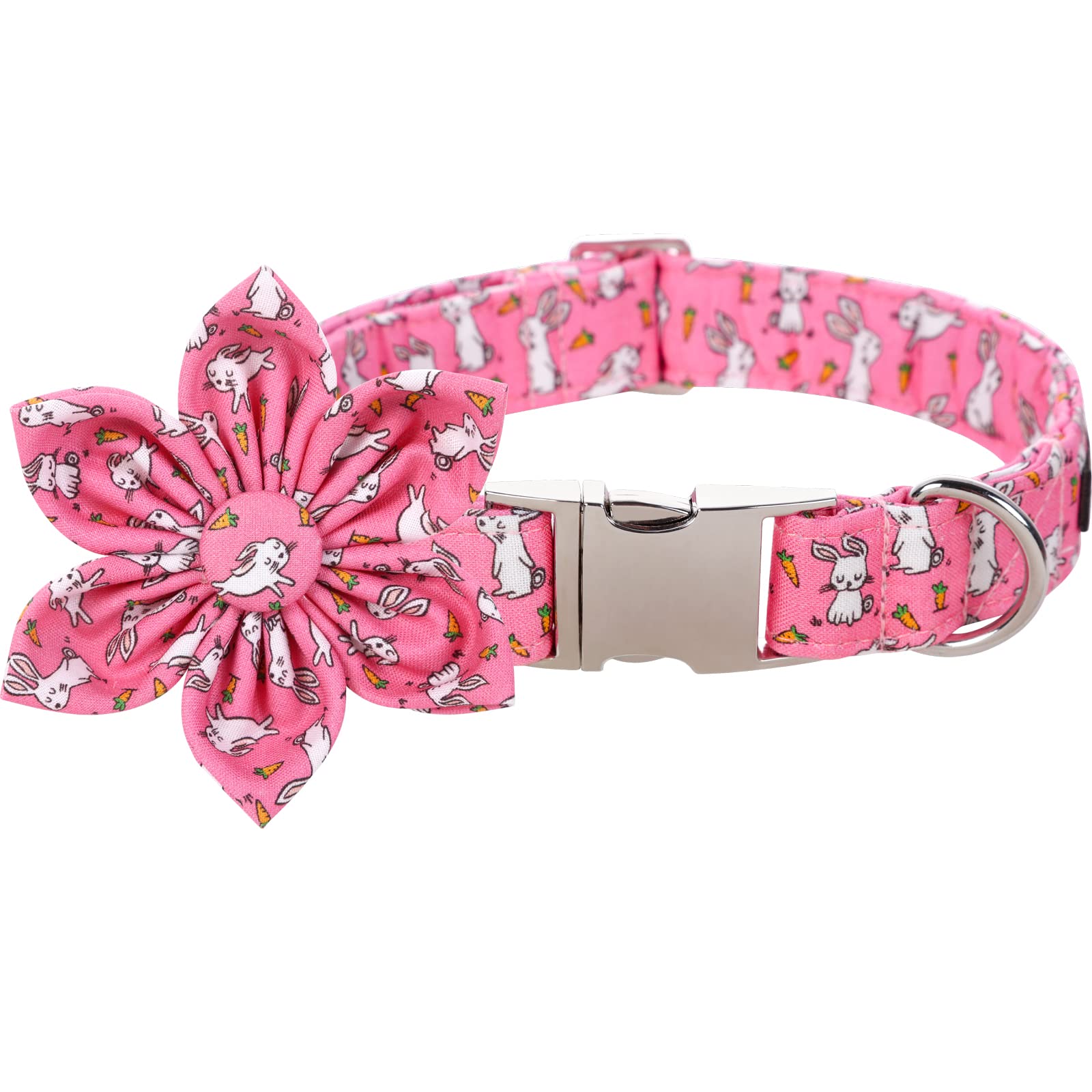 Lionet Paws Easter Bunny Dog Collar With Flower, Flower Collar With Metal Buckle For Dogs, Adjustable Comfortable Dog Collar Gir