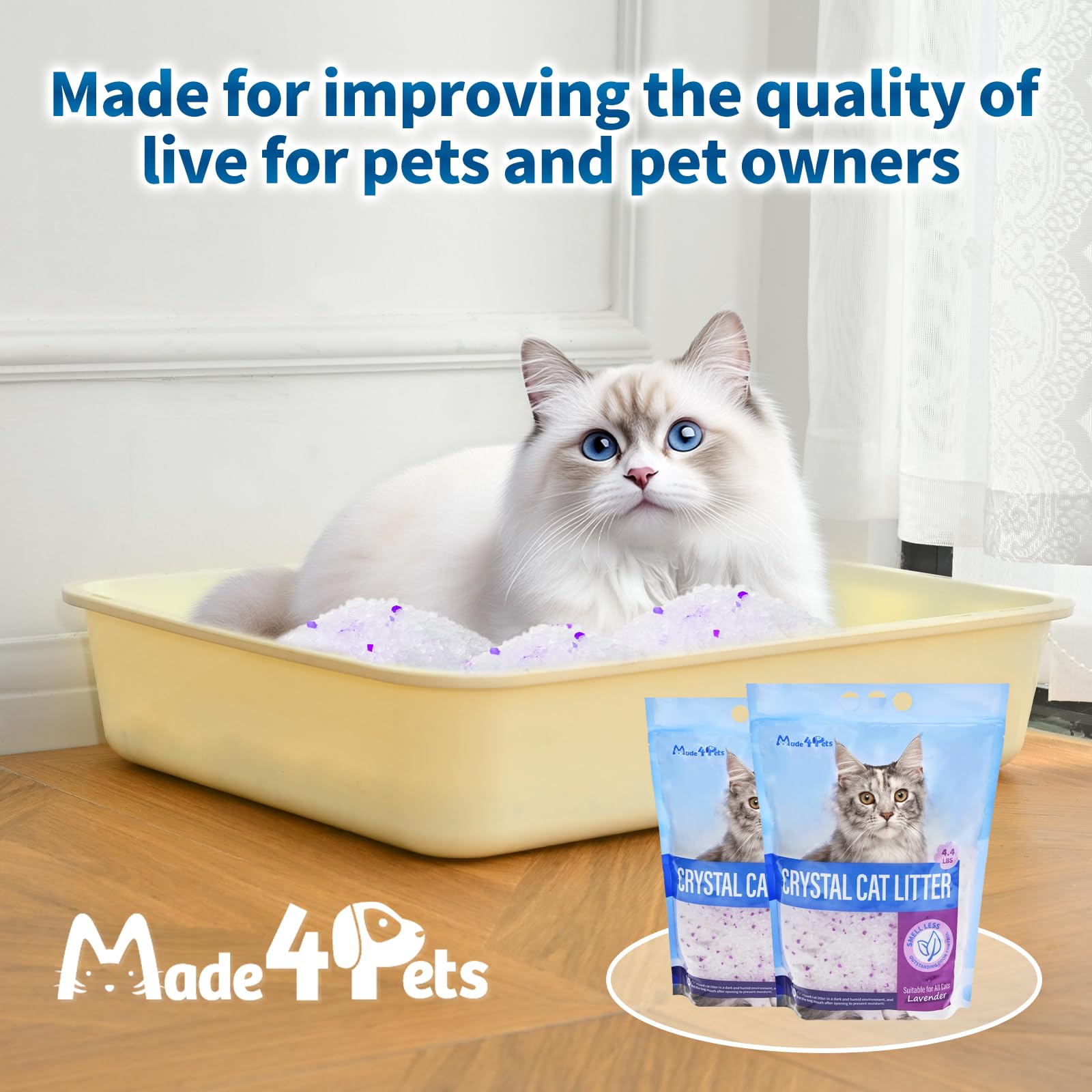 MADE 4 PETS Cat Litter Crystals, Non-Clumping, Lavender, 25.8 lbs (6 x 4.3 lb Packs), Low Dust, Odor Control, Lightweight