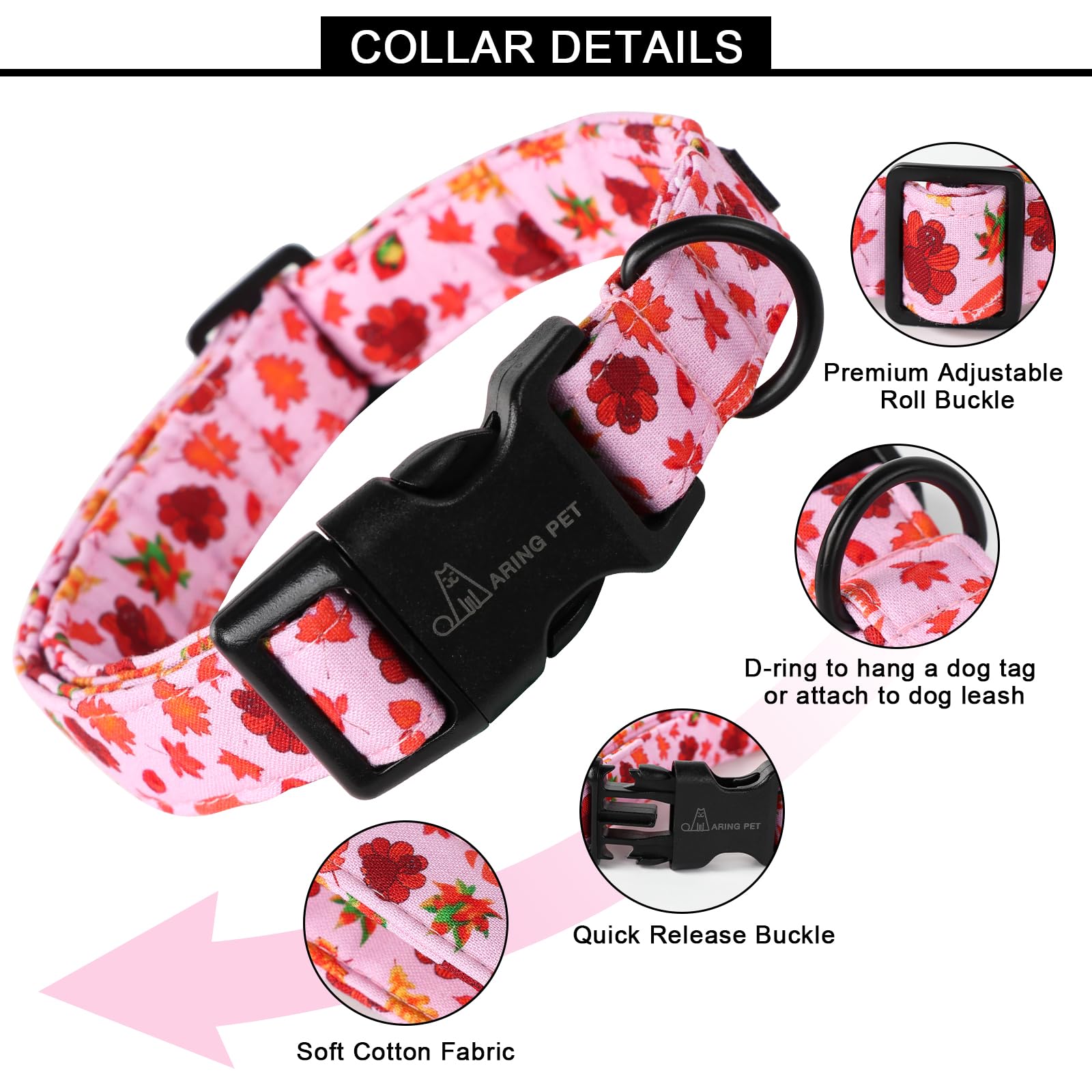 Aring Pet Fall Dog Collar Pink Maple Leaf Rugby Dog Collars, Cotton Lightweight Thanksgiving Turkey Dog Collars Puppy Collar For