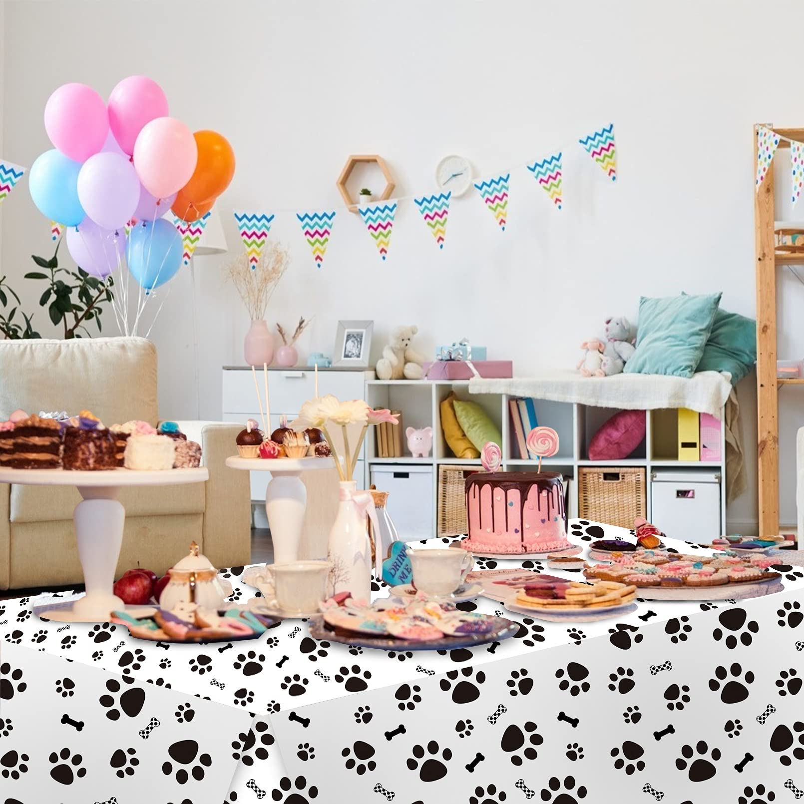3 Pack Puppy Dog Pet Paw Print Plastic Tablecloth Table Cover,Large Paw Print And Bone Sign Plastic Disposable Rectangle Table C