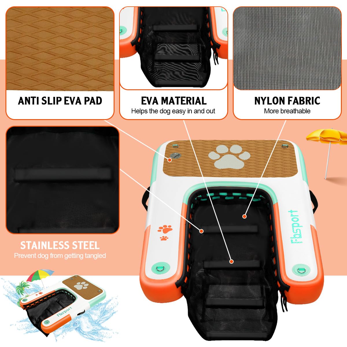 Fbsport Inflatable Dog Boat Ramp Floating Dock Water Ramp Ladder For Pool, Boat, Non-Slip Eva Floating Ladder For Dog Up To 220