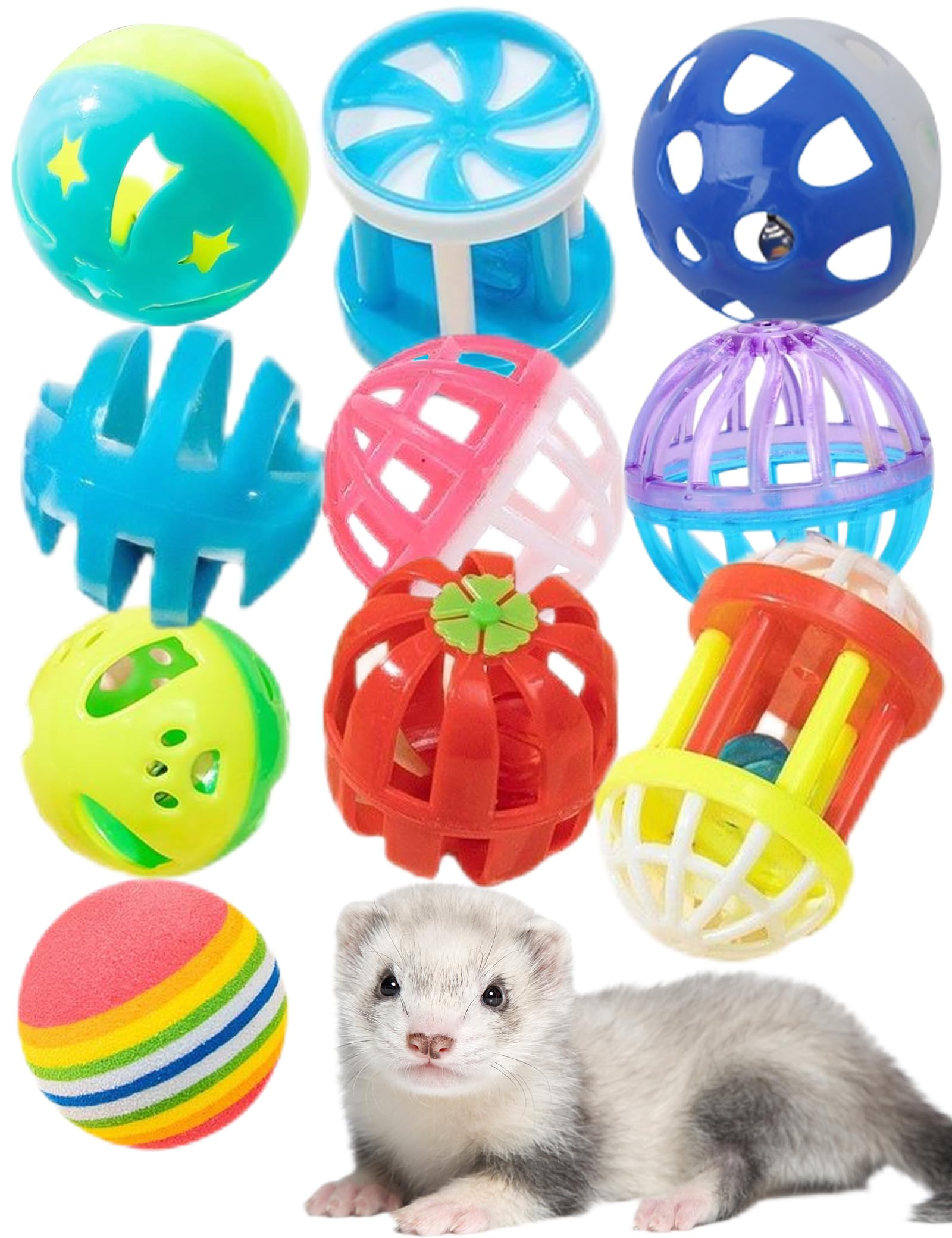 Diyuqishi Ferret Toys 10-Pack Bell Balls, Sturdy & Fun For All Ferret Sizes, Safe Pp Material, Colorful & Interactive, Teeth Hea