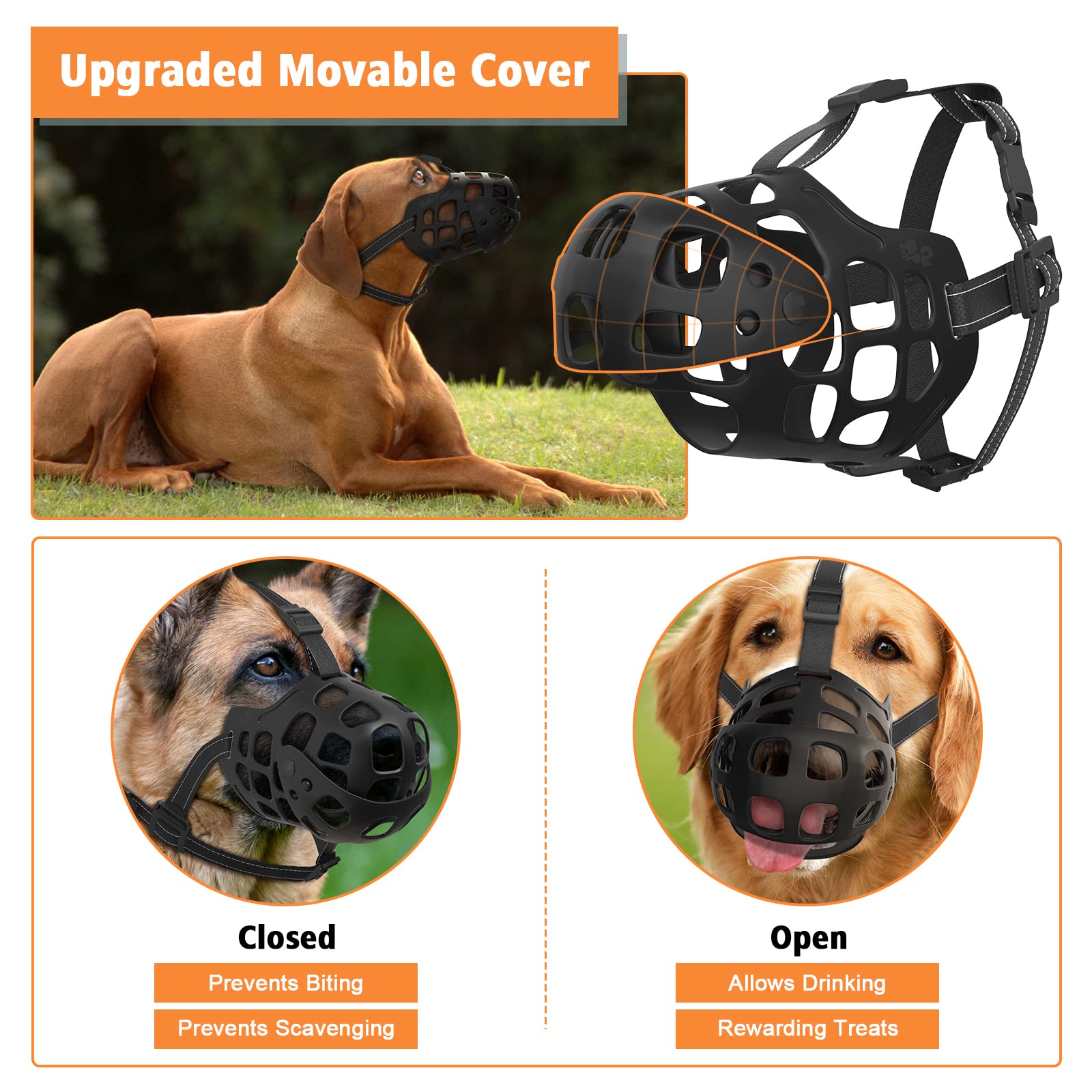 Ownpets Dog Muzzle, Adjustable Dog Basket Muzzle With Movable Cover To Prevent Biting, Chewing & Licking, Air Mesh Drinkable Dog