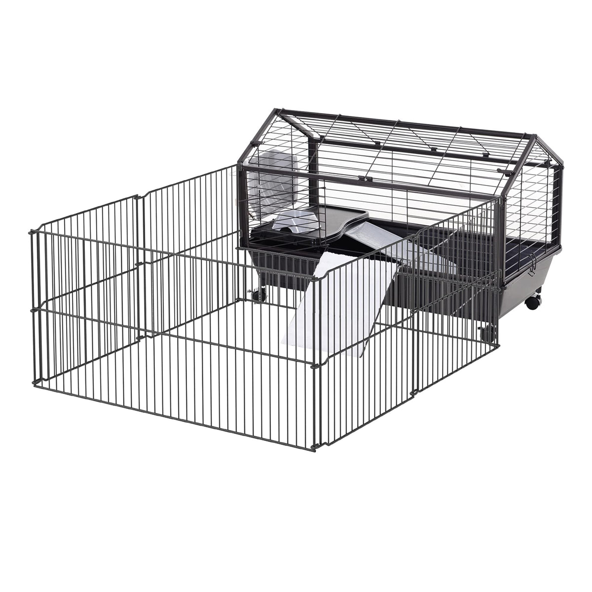 Pawhut Small Animal Cage With Foldable Run Area, Rolling Bunny Cage, Guinea Pig Cage, Hedgehog Cage With Water Bottle, Water Bowl, And Ramps, 35' L