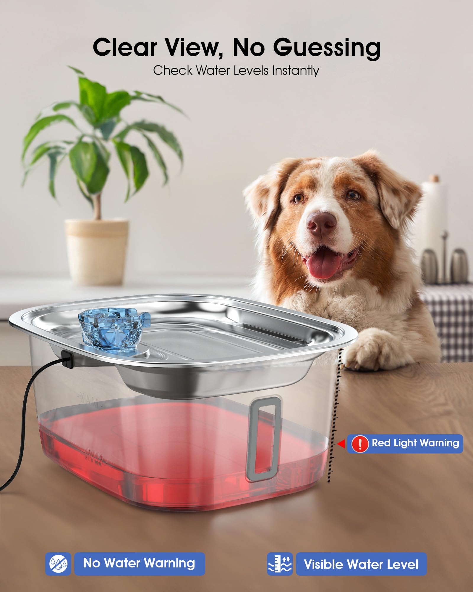 Dog Water Fountain for Large Dogs,3Gal Stainless Steel Dog Fountain Water Bowl Dispenser with 4 Filters Water Level Window,Autom