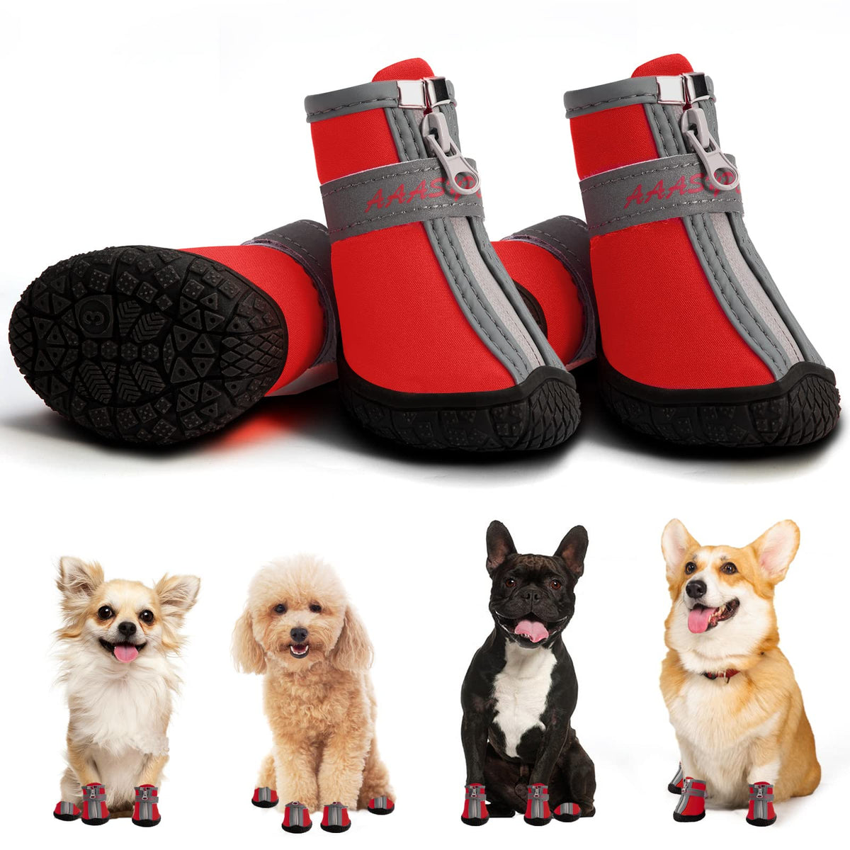 Dog Shoes For Small Dogs, Waterproof Dog Boots For Summer Hot Pavement, Ourdoor Walking, Indoor Hardwood Floors, Puppy Dog Booties & Paw Protectors With Reflective Straps Anti-Slip Sole Red Size 4