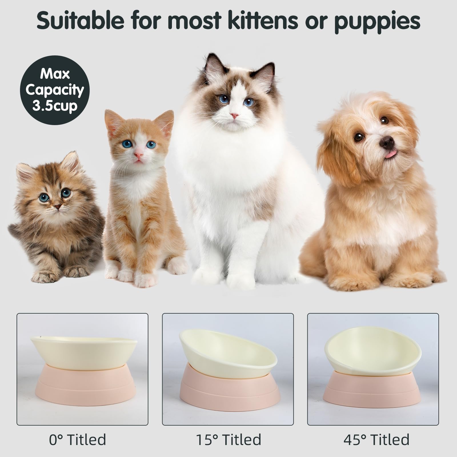 Bulldog Bowl Anti-Slip Dog Cat Dish Detachable Rubber Dog Bowl Pet Sterile Tilted Pet Feeder Slope Base (Lightpink, 3.5 Cup (Med