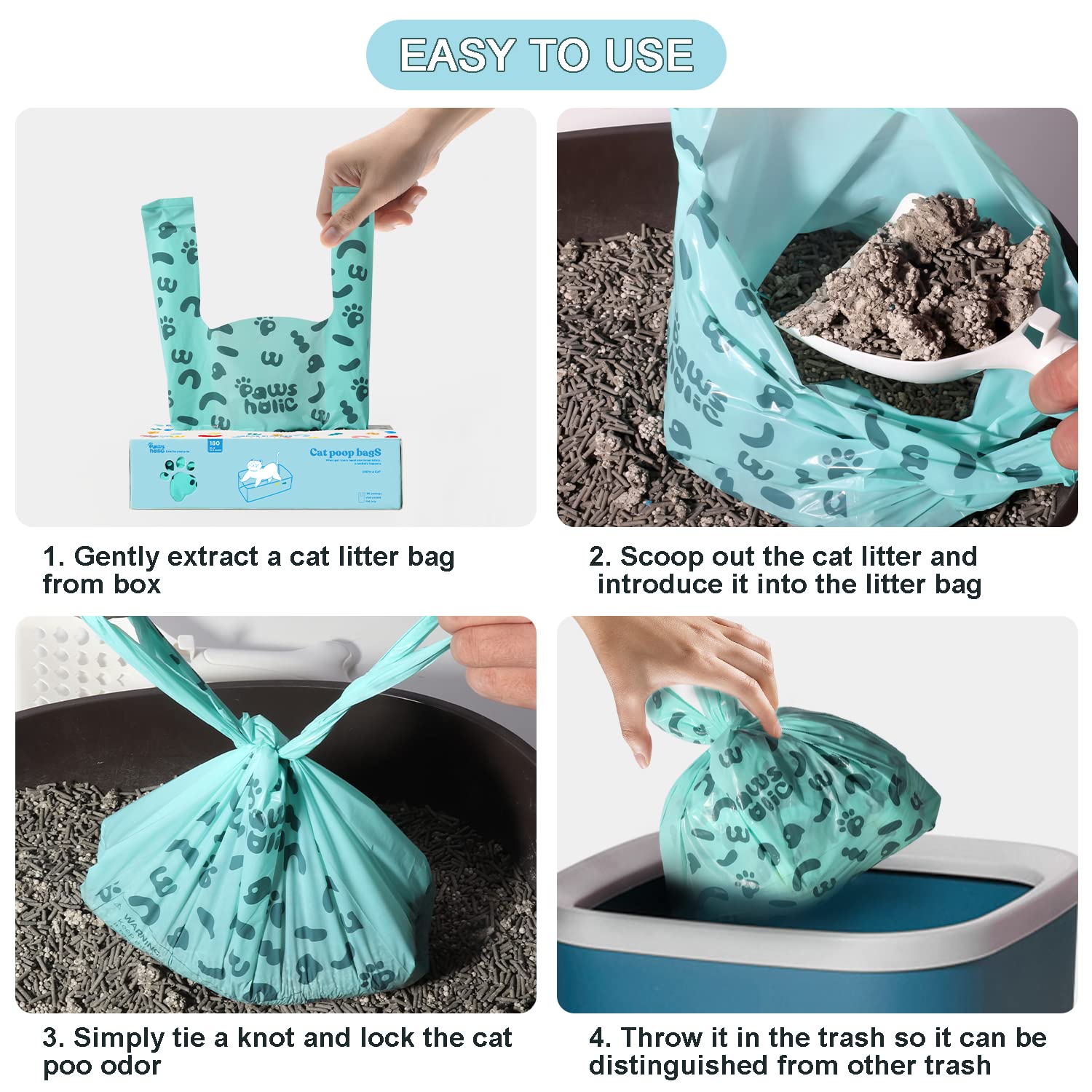 PAWSHOLIC Cat Poop Bags Cat Litter Bags with Handle, 180 Counts, Cornstarch Based Extra-Thick&Leak Proof Pet Waste Pick Up Bag (