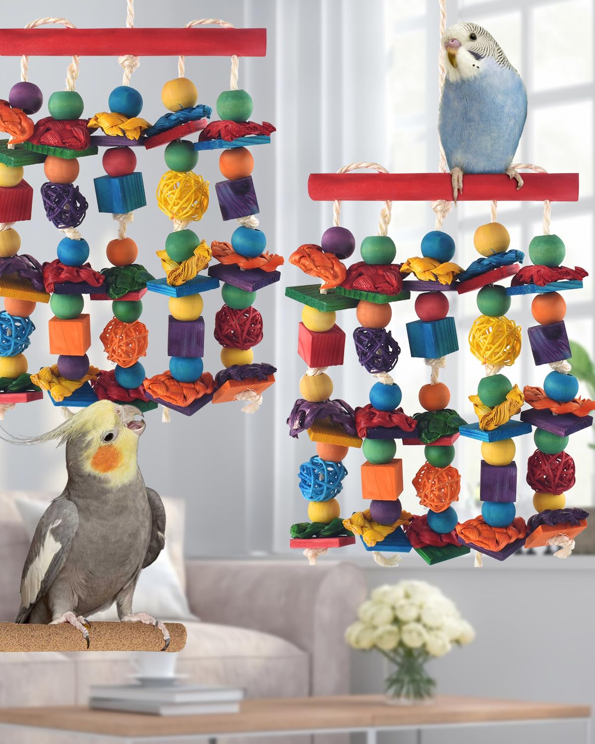 Dbness Bird Toys, 2Pcs Parrot Foraging Hanging Toy, Multicolored Natural Wooden Blocks Parakeet Chewing Toys Mit Rattan Wicker B
