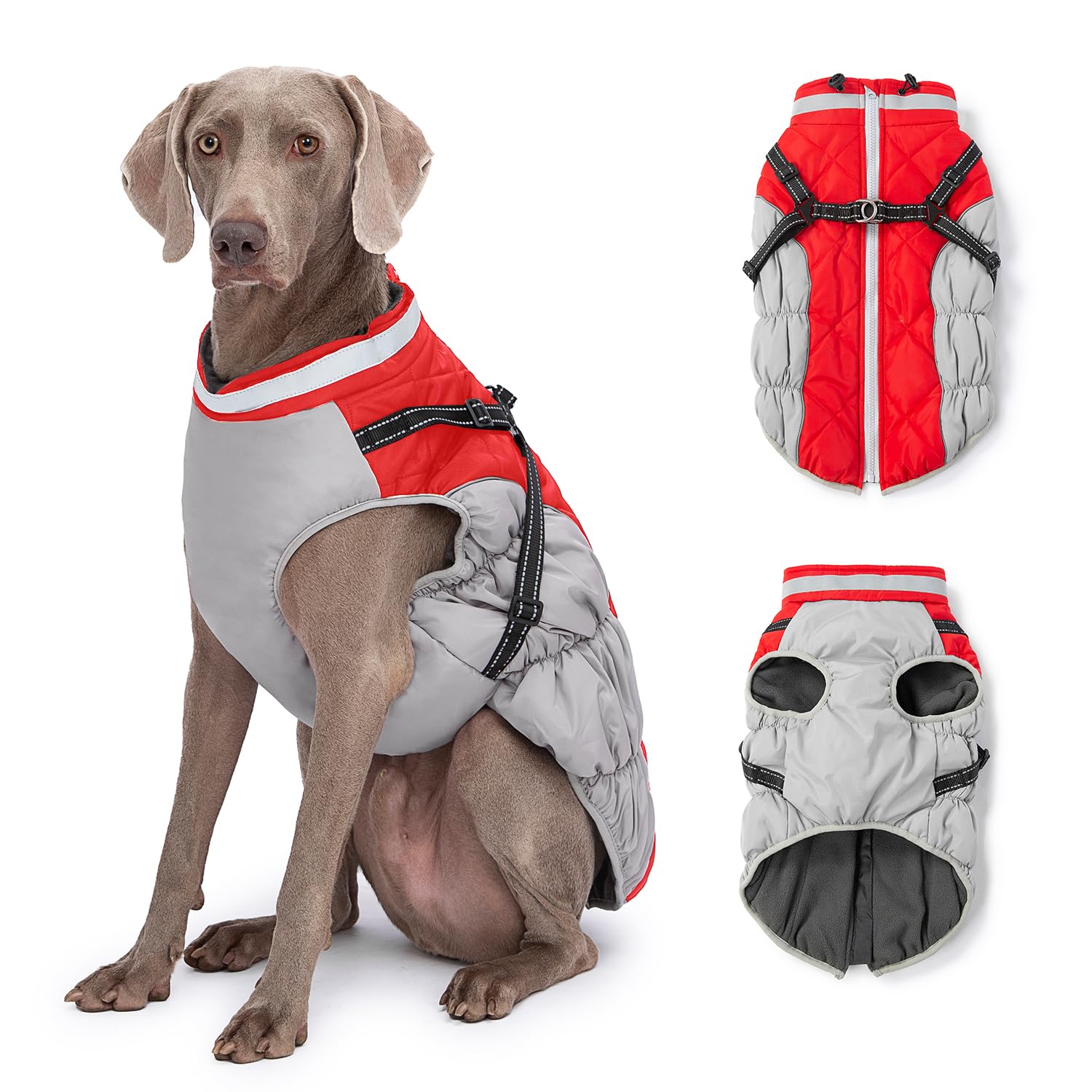 Abuandi Dog Winter Coat with Harness, Dog Jacket Clothes with Zipper on Back, Waterproof Windproof Warm Vest, Reflective Cold We