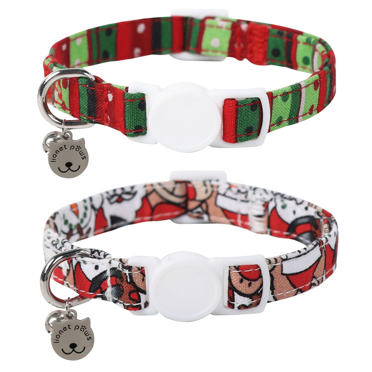 Lionet Paws 2Pcs Pack Cotton Cat Collar,Breakaway Buckle Christmas Cat Coolar With Santa,Red Green Dot Cute Adjustable Cat Kitte