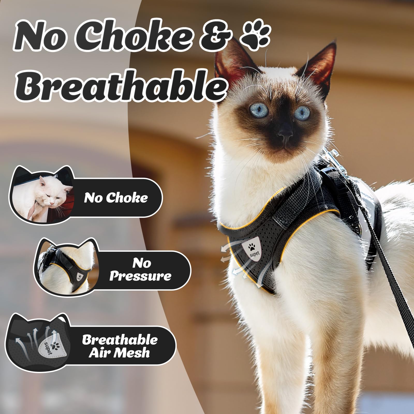 Supet Cat Harness And Leash Set For Walking And Small Dog Soft Mesh Harness Adjustable Vest With Reflective Strap Comfort Fit Fo