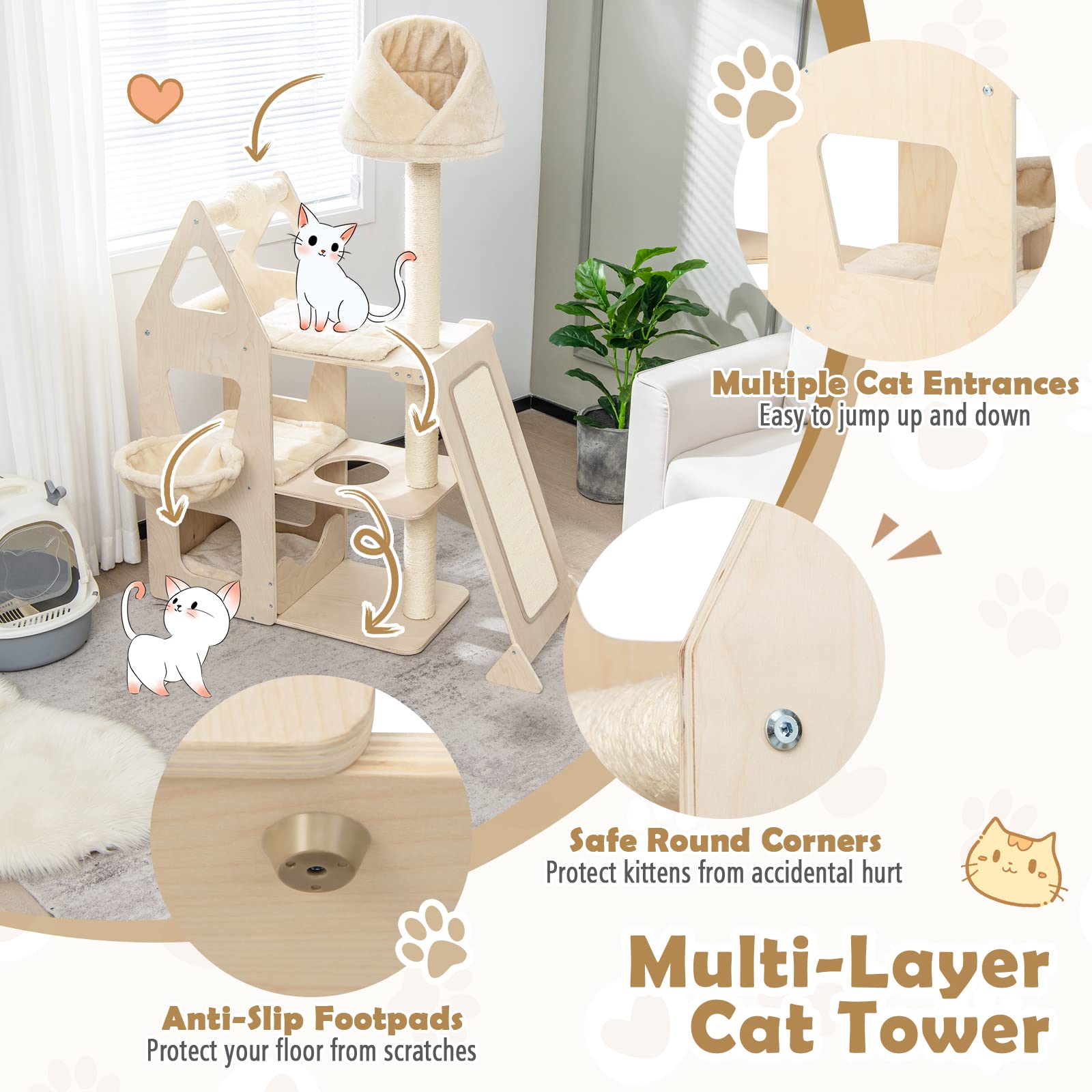 Tangkula Modern Wood Cat Tree For Indoor Cats, 64 Inch Multi-Level Tall Cat Tree With Scratching Rotatable Ball & Posts, Sisal R