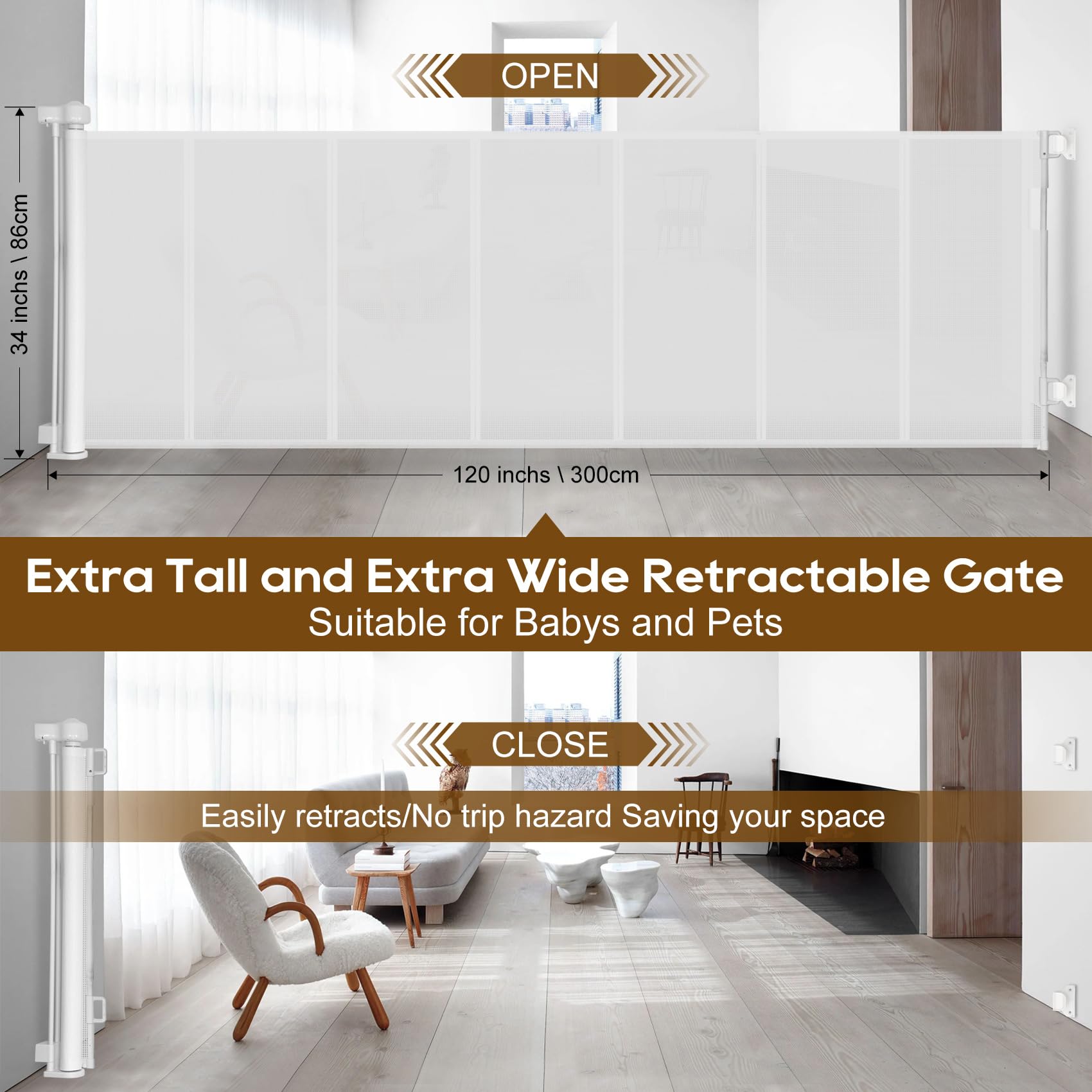 Upgrade 59' Retractable Baby Gates With Reinforced Strip Design To Prevent Crawling Through, 34' Tall Retractable Gate For Baby And Pet, 5 Ft Baby Gates For Stairs, Doorways, Hallways