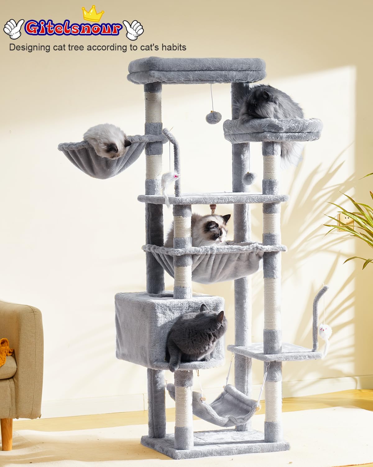 Gitelsnour Cat Tree, Cat Tower For Large Cats With 2 Big Platforms, 2 Baskets, Condo And Toys, 63'' Cat Scratching Posts For Ind