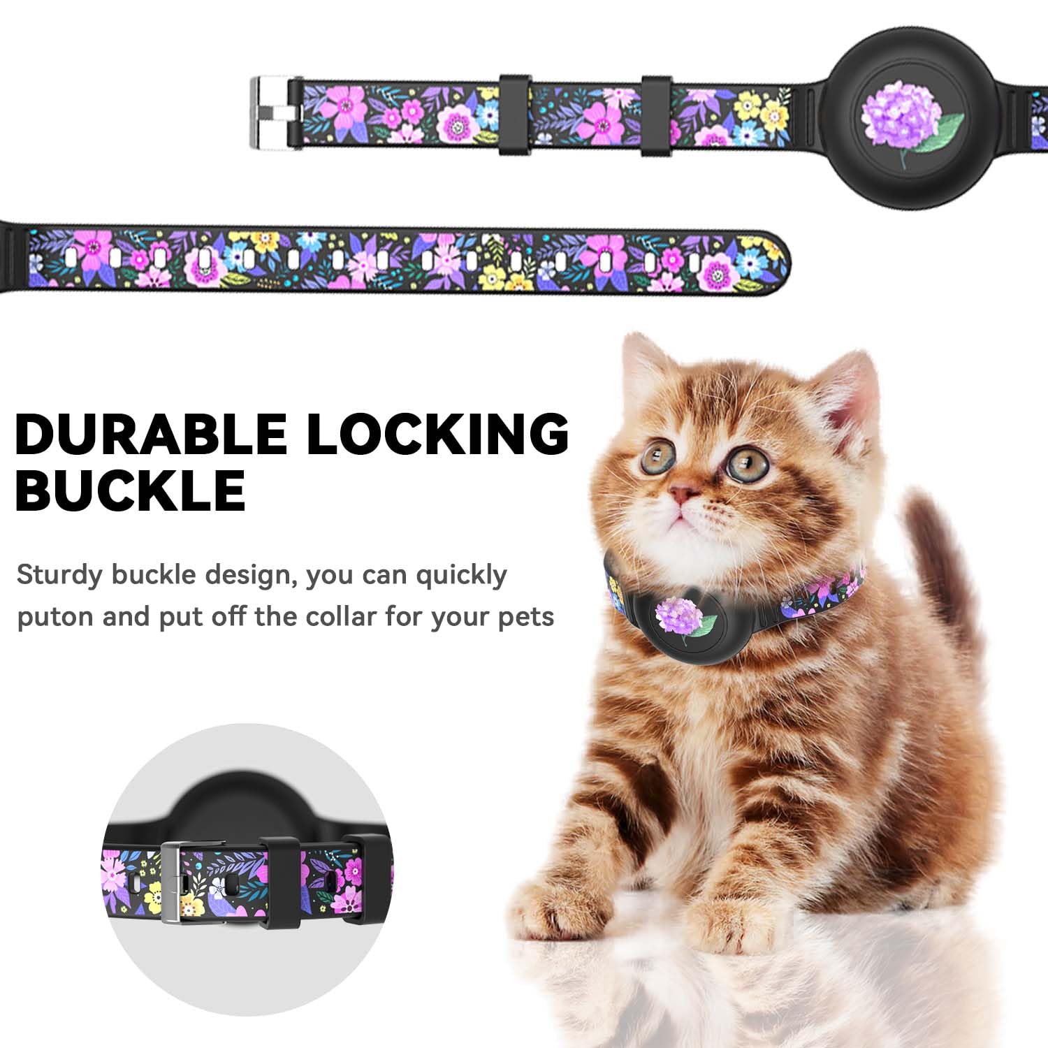 Fgerwz Cute Airtag Cat Collar With Metal Buckle, Cat Collar Airtag One-Piece Printing Design - Adjustable Length (6-11'), Silic