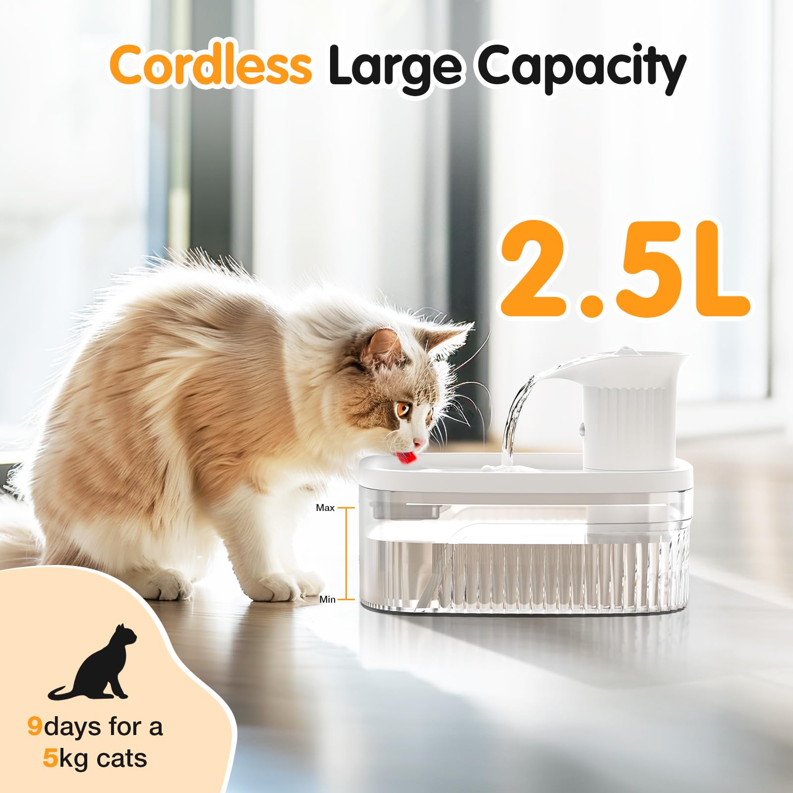 Cat Water Fountain Cordless,84Oz/2.5L Pet Fountains For Cats Indoor,Automatic Cat Waterer Fountain With Motion Sensor,Battery Op