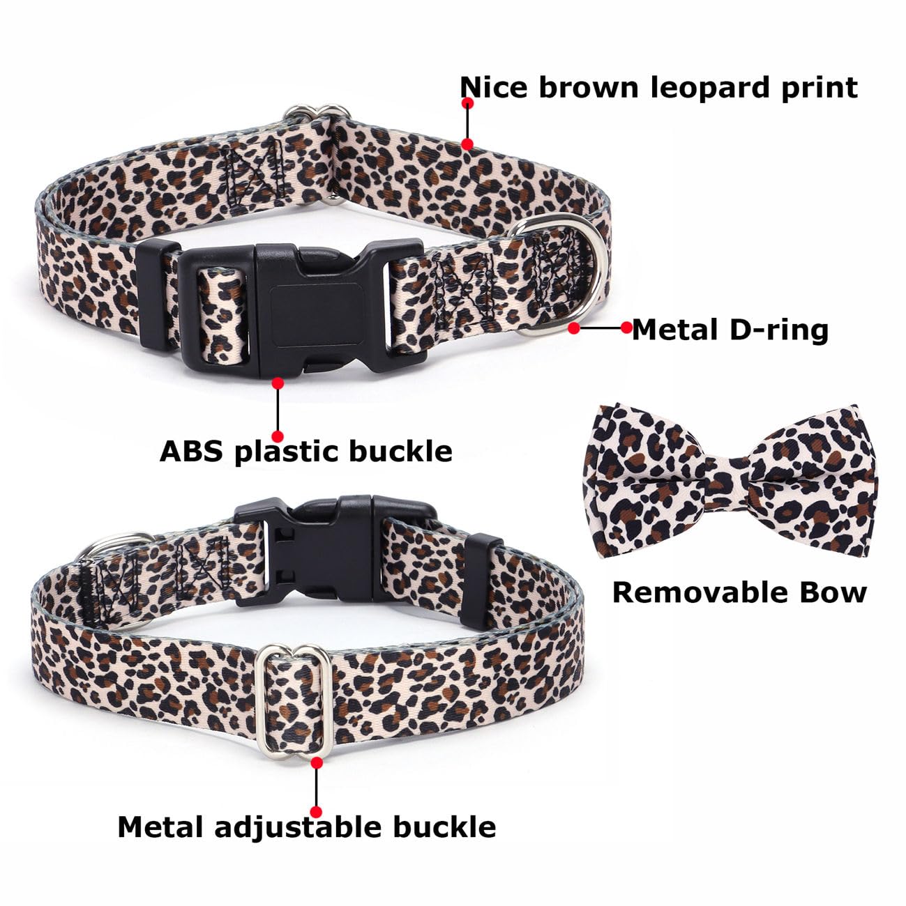 Leopard Dog Collars With Bow Tie, Pretty Pattern Cheetah Print Design Quick Release Buckle Soft Nylon Girl Dog Collars With Bowt