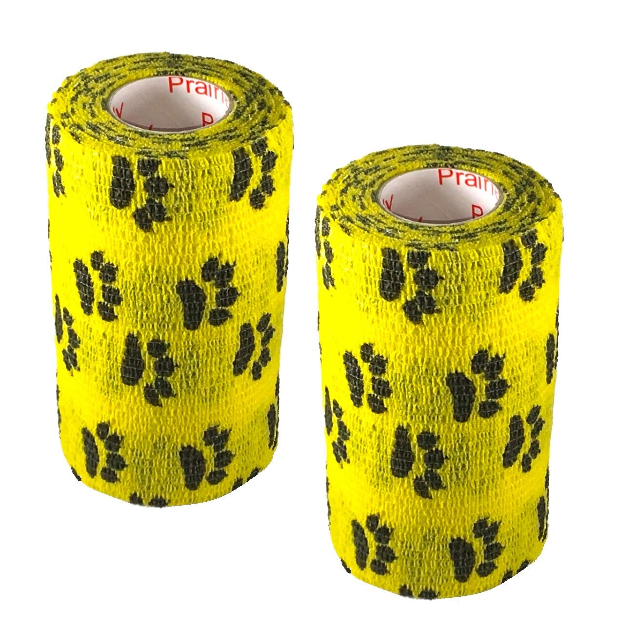 Vet Wrap Wrap Tape (Yellow with Paw Prints) (2 Pack) (4 Inch x 15 feet) Self Adhesive Adherent Adhering Cohesive Flex Self Stick