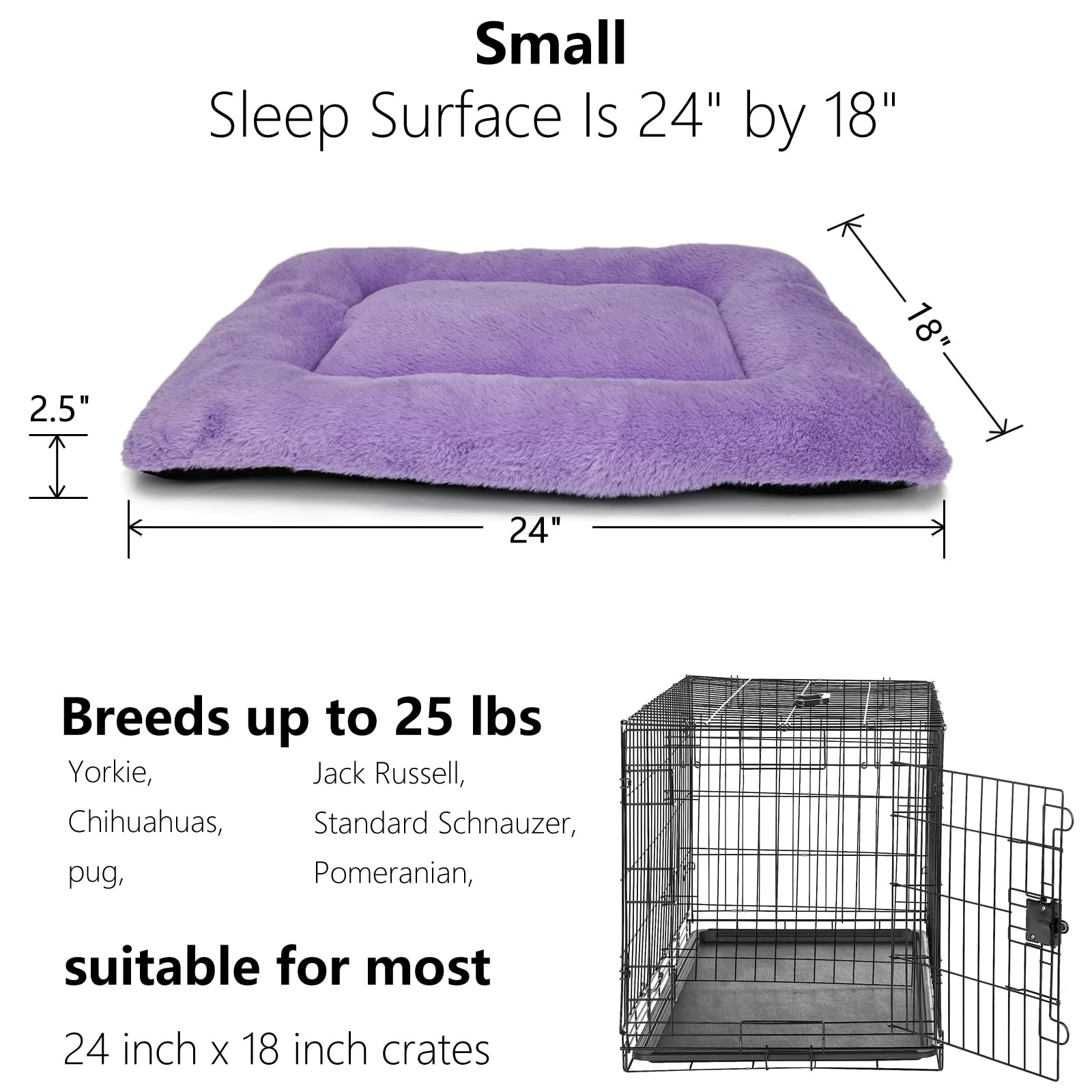 Wrkfree Dog Crate Bed 24 X 18 Purple For Small Dogs - Washable Comfy Fluffy For 24 Inches Cage Kennel - Indoor And Outdoor Use
