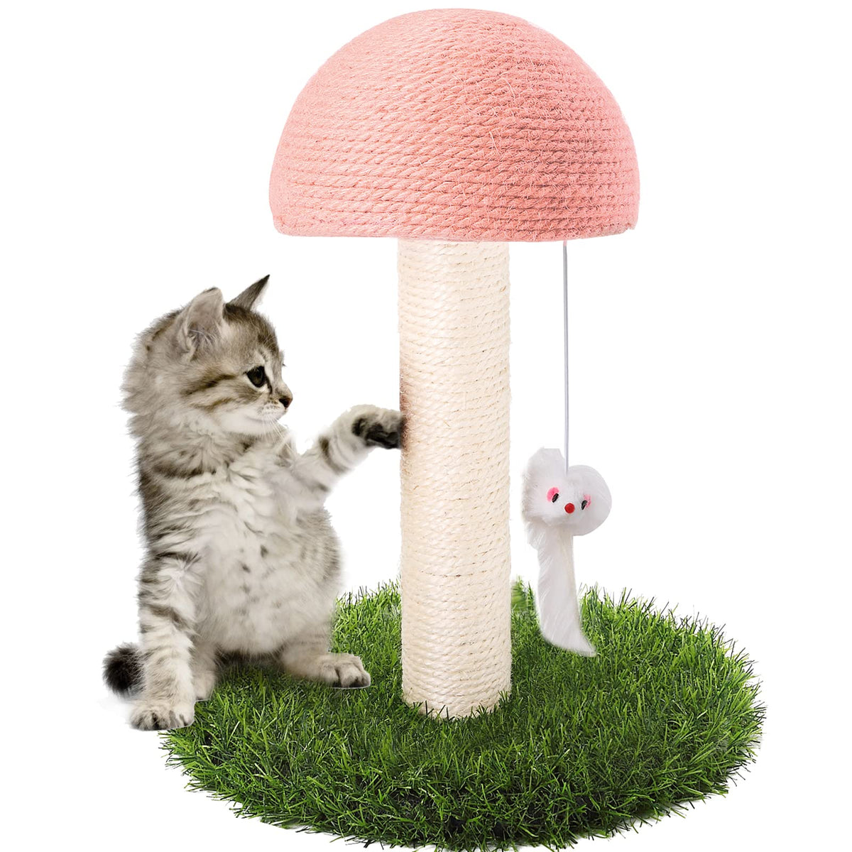 Giftparty Cat Scratching Post, Mushroom Claw Scratching Post For Kitty, Natural Sisal Cat Scratchers Pole With Hanging Mouse Cat Interactive Toys, Lgrasspink