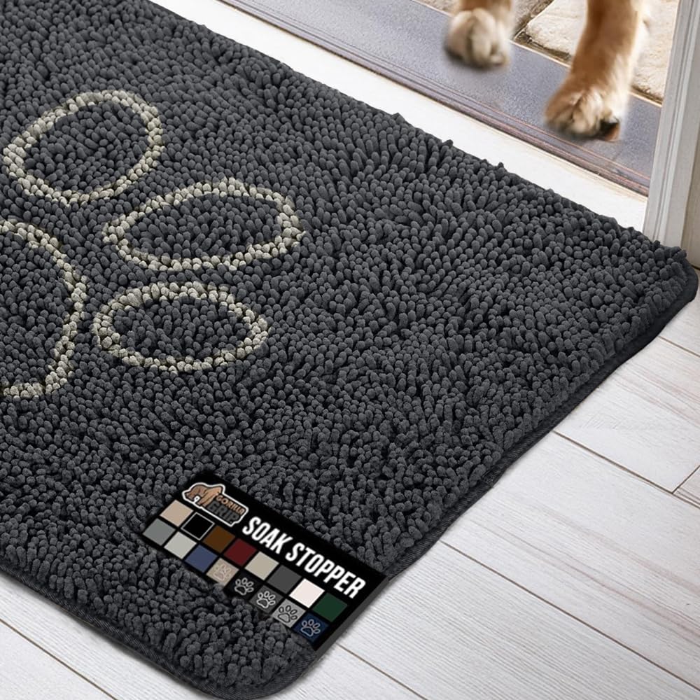 Gorilla Grip Ultra Absorbent Grippy Doormat for Muddy Dog Paws, 48x30 Machine Washable Soak Stopper Rugs Cleaner Floors, Bed Mat