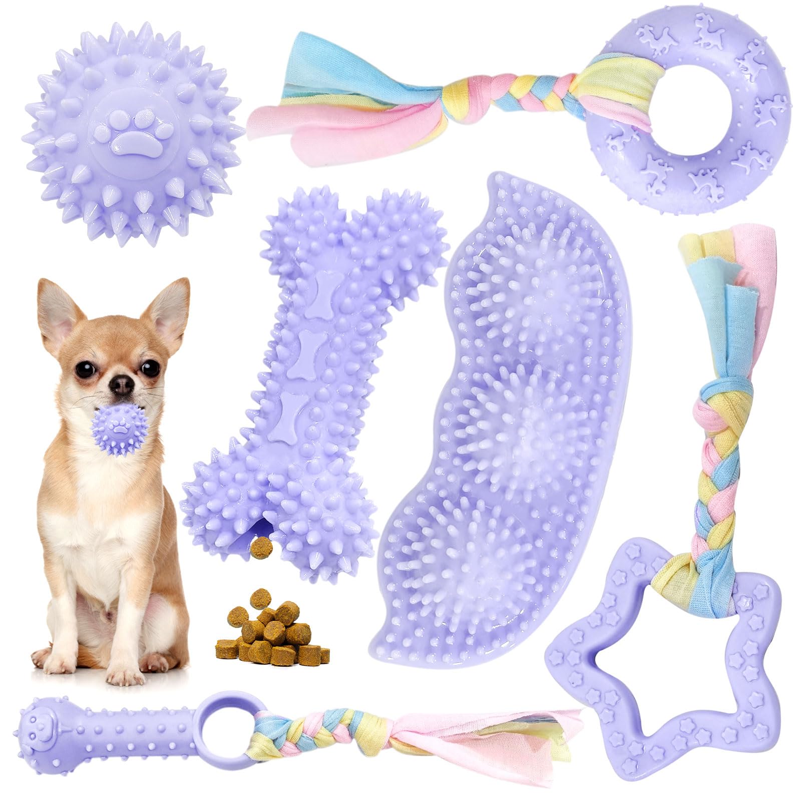 Petcare 6 Pack Puppy Teething Toys, Cute Purple Small Dog Chew Toys For Puppies 0-6 Months, Soft Rubber Rope Dog Teething Toys, 