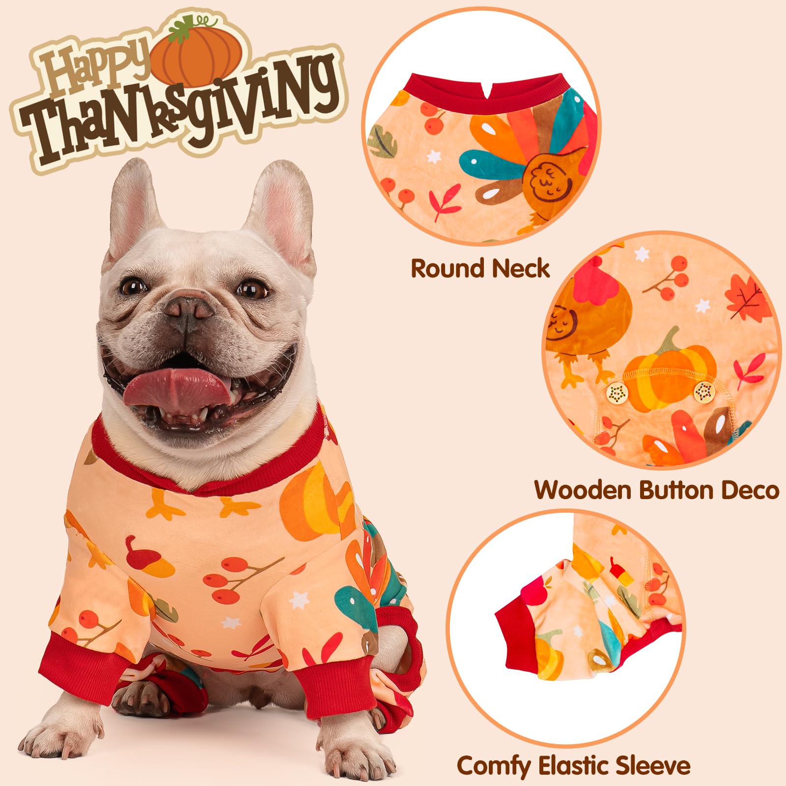 KYEESE Thanksgiving Dog Pajamas Soft Dog Pajamas for Small Medium Dogs Stretchable Dog Onesie with Turkey Print Velvet Dog Coat
